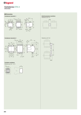 Contatores CTX-2
dimensões

■ Dimensões
Intertravamento mecânico
Referência 297 61

Contatores tamanho 1
3.5

164

55

61

15.5

1

160

96

2

148.5

8

1

112
38 38

178

11.5

112

165.5

6.8
18

M8

45

10

4

102

Referência 297 62

Contatores tamanho 2
11.5

150
48

208

48

12

Ø9

350

307

212

187

200

165

180

8

Ø7

=

150

=

60
105

M10

120

25

5

51

Contatos auxiliares
Referências 297 14/15

44.5

10.3

262

29

 
