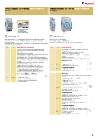 interruptores horários programáveis

interruptores horários programáveis

digitais

analógicos

Um alojamento previsto
nos aparelhos,
permite a passagem
do pente de alimentação

047 61

037 40

Dimensões (p. 28)

Dimensões (p. 28)

Permitem a ligação e o desligamento de um circuito elétrico (iluminação,
aquecimento) em horários escolhidos durante um intervalo de tempo
pré-determinado
Desligamento temporária (retorno automático) ou permanente (funcionamento
ou parada forçada) na saída
Emb.

Ref.

Multifunções semanais

Programação por segmento
Alimentação: 230 VA - 50/60 Hz
Interruptor 3 posições ON - AUTO - OFF na parte frontal

Emb.

Permitem uma programação diária ou semanal
Menu de correr, uma escolha entre 6 idiomas é
disponível
56 programações possíveis
Um programa se compõe de um fechamento e de um
acionamento de abertura do circuito:
estabelecido para 1 dia, ele pode se repetir alguns
dias ou todos os outros dias da semana Possibilidade
de interromper um programa através da programação
da data
Entregues com caixa porta-manual (1 modulo)
Programação mínima 1min
Relógio de grande precisão: ± 0,2 s/dia
Duração do impulso regulável de 1 s a 59 min
Reserva de funcionamento do relógio: 6 anos
Programação direta através do teclado
Funções complementares, aleatória (ciclos de
iluminação irregulares), contadores horários

Automáticos

Qde de
módulos

1

1

047 53 1 segmento = 15 min
Programação mínima: 30 min
Programa semanal
047 58 1 segmento = 2 horas
Programação mínima: 4 h

3

3

Manuais
Qde de
módulos

047 61 1 saída 16 A - 250 VA
µ cos ø = 1 por 1 contato inversor
Função complementar de impulsos
84 impulsos maxi

Ref.

Regulagem automática do horário quando da
energização
Ajuste automático do horário de verão
Precisão do relógio ± 60 s/ano
1 saída 16 A - 250 VA - µ cos ø = 1 por contato
inversor
Mostrador horizontal
Reserva de funcionamento do relógio de 6 anos
Programa diária

Alimentação 230 VA - 50/60 Hz
1

037 55

Regulagem do horário e ajuste do horário de verão
manual
1 saída 16 A - 250 VA - µ cos ø = 1
Programa horário
1 segmento = 37,5 s
Precisão de comutação do relógio: + 12,5 s
Programação mínima: 37,5 s

2

Qde de
módulos

1

1

1

037 42 1 saída por contato ao fechamento
1
Mostrador vertical
Sem reserva de ciclo - 50 Hz
Programa diário
1 segmento = 15 min
Precisão de comutação do relógio: + 5 min
Programação mínima: 15 min
037 40 Sem reserva de funcionamento
1
Mostrador vertical
Contato de fechamento
Reserva de funcionamento do relógio: 100
horas
Programa semanal
1 segmento = 2 horas
Precisão de comutação do relógio: + 30 min
Reserva de funcionamento do relógio: 100 horas
037 55 Mostrador horizontal
3
Contato inversor
Programação mínima: 4 horas

25

 
