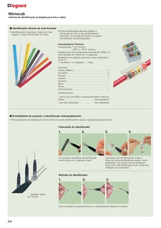 Mémocab
sistema de identificação protegida para fios e cabos

■ Identificação através de anel fechado
• Identificadores imperdíveis, fixados em tiras
(seguem código internacional de cores)

• Porta-identificadores flexíveis facilitam a
introdução do cabo e dos identificadores.
Garantem uma excelente fixação e proteção
em ambiente industrial agressivo.
Características Técnicas
Temperaturas: 110ºC de pico
-30ºC à + 80ºC contínua
Resistência ao fio incandescente conforme IEC 60695-2-2
Auto-extinção em menos de 15 segundos
Resistência aos agentes químicos a uma temperatura
de 23 ºC.
+: excelente / 0: moderada / – : fraca
Solventes:
Hexano Alifático . . . . . . . . . . . . . . . . . . . . . . . . . . . .
Aromático . . . . . . . . . . . . . . . . . . . . . . . . . . . . . . . . .
Clorado . . . . . . . . . . . . . . . . . . . . . . . . . . . . . . . . . .
Acetona . . . . . . . . . . . . . . . . . . . . . . . . . . . . . . . . . .
Fluorado . . . . . . . . . . . . . . . . . . . . . . . . . . . . . . . . . .
Glicol . . . . . . . . . . . . . . . . . . . . . . . . . . . . . . . . . . . .
Álcool . . . . . . . . . . . . . . . . . . . . . . . . . . . . . . . . . . . .
Hidrocarboreto . . . . . . . . . . . . . . . . . . . . . . . . . . . . .

0
0
0
–
–
+
–
+

Envelhecimento:
- químico em atmosfera industrial (atmosfera sulforosa
salina) . . . . . . . . . . . . . . . . . . . . . . . . . .boa resistência
- aos raios ultravioleta . . . . . . . . . . . . .boa resistência

■ Possibilidade de preparar a identificação antecipadamente
• Pré-composição da identificação final e inicial com porta-identificadores duplos a aplicadores ergonômicos.

Colocação do identificador

1.

2.

Composição simultânea de identificação
inicial e final com o aplicador duplo

3.

Colocação dos identificadores iniciais e
finais nos porta-identificadores duplos. Assim
preparada, a tira dupla pode ser levada ao
local onde cada identificação final e inicial será
instalada nos condutores.

Retirada do identificador

1.

2.

3.

Aplicador duplo
ref. 379 89

Caso necessário é possível remover os identificadores utilizando o extrator.

274

4.

 