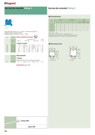 bornes de conexão Viking 3

bornes de conexão Viking 3

■ Características
Tensão (V)

Intensidade (A)

Seção

Ref.
IEC

Emb.

Azul

60
50
40
30
20
20

371
371
371
371
371
371

00
01
02
03
04
05

Capacidade (mm2)
Cabo rígido
Cabo flexível

1 ligação simples
2,5
0,25 a
4
0,25 a
6
0,5 a
10
1,5 a
16
1,5 a
35
2,5 a

UL

IEC
(mm2)

CSA
(AWG)

UL
(AWG)

800

600

600

24

20

20

2,5

12

12

800

600

600

32

25

30

4

10

10

800

600

600

41

35

55

6

8

8

371 03

800

600

600

57

50

70

10

6

6

CSA n° 22-2, n° 158
IEC 60 947-7-1, NF EN 60 947-7-1 e NBR IEC 60947-7-1
Aprovação segurança aumentada EEXe e segurança intrínseca EEXi
Resistência ao fogo: 750°C < 5” 960 °C < 30”, V2 conforme UL 94

Para condutor de neutro
Nominal

CSA

371 02

Ref.

IEC

371 01

Para trilho DIN 35mm ou E 32mm. Conforme IEC 60715
Fixação sobre a borda do trilho.
Material isolante: poliamida - 30 a + 100°C

UL

371 00

371 00

CSA

Passo
(mm)

■ Dimensões (mm)
4
6
10
16
25
50

0,25
0,25
0,25
2,5
4
4

a 2,5
a 4
a 6
a 10
a 16
a 35

5
6
8
10
12
15

Para fusível 5 X 20 com tampa rosqueada
371 87
10
0,25 a 16
0,25 a 10

12

Seccionáveis
1 ligação
20

Acessórios (pág. 284)

Trilhos DIN

página 288
282

371 00/01/02/03

371 04/05

 