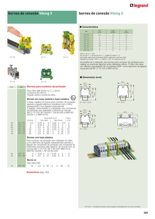 bornes de conexão Viking 3

bornes de conexão Viking 3

■ Característica
Ref.

371 71

371 74

CSA
(AWG)

UL
(AWG)

371 70
371 71
371 72
371 73
371 74
371 75
371 77
371 78

371 70

IEC
(mm2)
2,5
4
6
10
16
35
4
6

12
10
8
6
4
0
10
8

12
10
8
6
4
0
10
8

CSA n° 22-2, n° 158
IEC 60 947-7-1, NF EN 60 947-7-1 e NBR IEC 60947-7-2
Aprovação segurança aumentada EEXe e segurança intrínseca EEXi
Resistência ao fogo: 750°C < 5” 960°C < 30”, V2 conforme UL 94

Aconselha-se a utilização dos bornes para condutor de proteção para
realizar as eventuais ligações entre diferentes trilhos. O trilho não deve
ser utilizado para ligação de condutores PEN(1) como elemento de ligação
equipotencial (NF C 15-100 e NBR 5410).

■ Dimensões (mm)
371 76
Emb.

371 78
Ref.

Bornes para condutor de proteção
Para trilho DIN 35mm ou E 32mm.
Conforme IEC 60715
Fixação sobre a borda do trilho.
Bornes em corpo isolante e base metálica
A base metálica do borne para condutor de proteção
garante a ligação elétrica e mecânica com o trilho,
assegurando a sua ligação equipotencial.
A ligação, interconexão e a repartição dos condutores
de proteção são realizadas conforme as normas
(NF C 15-100, IEC 60439-1, EN 60-204 e NBR IEC
60439-1, 2 NBR 5410).
Nominal

371
371
371
371
371
371

0,25
0,25
0,5
1,5
1,5
2,5

50
40

Borne nú
Para trilho DIN
35
2,5

a
a
a
a
a
a

a

4
6
10
16
25
50

50

0,25
0,25
0,25
2,25
4
4

4

a 2,5
a 4
a 6
a 10
a 16
a 35

371 77/78

371 76

Bornes com base plástica
Para condutor de proteção sem utilização do trilho
como elemento de ligação equipotencial; permite a
ligação de condutores de proteção nas condições de
isolamento previstas pela classe II, de acordo com as
normas (NF C 15-100, NF C 60-439, NBR 5410,
NBR IEC 60439-1, NF EN 60-204).
371 77
4
0,25 a
6
0,25 a 4
6
371 78
6
0,5 a 10
0,25 a 6
8

371 76

2,5
4
6
10
16
35

371 74/75

Passo
(mm)

20
25
20
10
10
10

10

70
71
72
73
74
75

Capacidade (mm2)
Cabo rígido
Cabo flexível

371 70/71/72/73

a

35

5
6
8
10
12
15

15

Acessórios (pág. 284)

(1) P.E.N. = Funções de neutro e de proteção combinadas em um único condutor

283

 