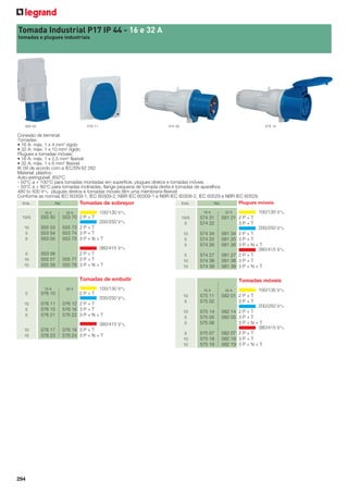 Tomada Industrial P17 IP 44 - 16 e 32 A
tomadas e plugues industriais

555 53

576 11

574 34

575 14

Conexão de terminal:
Tomadas
• 16 A: máx. 1 x 4 mm2 rígido
• 32 A: máx. 1 x 10 mm2 rígido
Plugues e tomadas móveis:
• 16 A: máx. 1 x 2,5 mm2 ﬂexível
• 32 A: máx. 1 x 6 mm2 ﬂexível
IK 09 de acordo com a IEC/EN 62 262
Material: plástico
Auto-extinguível: 850°C
- 50°C a + 100°C para tomadas montadas em superfície, plugues diretos e tomadas móveis
- 50°C a + 80°C para tomadas inclinadas, ﬂange pequena de tomada direta e tomadas de aparelhos
480 to 500 V
plugues diretos e tomadas móveis têm uma membrana ﬂexível
Conforme as normas IEC 60309-1, IEC 60309-2, NBR IEC 60309-1 e NBR IEC 60309-2, IEC 60529 e NBR IEC 60529.
Plugues móveis
Emb.
Ref.
Emb.
Ref.
Tomadas de sobrepor

A

16 A

A
200/250 VA

100/130 V

32 A

10/5

555 50

553 70 2 P + T

10
5
5

555 53
553 54
553 55

555 73 2 P + T
553 74 3 P + T
553 75 3 P + N + T

5
10
10

553 56
555 57
555 58

380/415 V
2P+T
555 77 3 P + T
555 78 3 P + N + T

A

16 A

10/5
5

574 31
574 22

10
5
5

574 34
574 25
574 26

5
10
10

574 27
574 38
574 39

A
200/250 VA

A

5

576 10

10
5
5

576 11
576 15
576 21

576 12 2 P + T
576 16 3 P + T
576 22 3 P + N + T

10
10

576 17
576 23

380/415 V
576 18 3 P + T
576 24 3 P + N + T

2P+T

A

294

Tomadas móveis

100/130 V

32 A

A

200/250 V
581 34 2 P + T
581 25 3 P + T
581 26 3 P + N + T
380/415 V
581 27 2 P + T
581 38 3 P + T
581 39 3 P + N + T

Tomadas de embutir
16 A

A

100/130 V

32 A

581 21 2 P + T
3P+T

16 A

10
5

575 11
575 02

10
5
5

575 14
575 05
575 06

5
10
10

575 07
575 18
575 19

32 A

582 01 2 P + T
3P+T

A

100/130 V

A

200/250 V
582 14 2 P + T
582 05 3 P + T
3P+N+T
380/415 V
582 07 2 P + T
582 18 3 P + T
582 19 3 P + N + T

A

 
