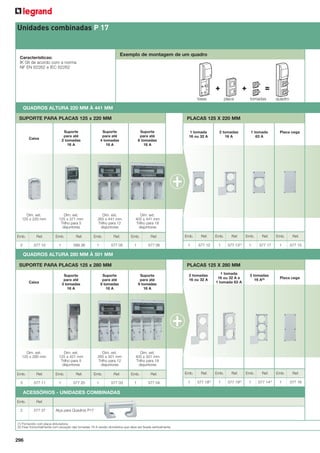 Unidades combinadas P 17

Exemplo de montagem de um quadro

Características:
IK 08 de acordo com a norma
NF EN 62262 e IEC 62262

base

placa

tomadas

quadro

QUADROS ALTURA 220 MM À 441 MM
SUPORTE PARA PLACAS 125 x 220 MM
Suporte
para até
2 tomadas
16 A

Suporte
para até
4 tomadas
16 A

Suporte
para até
6 tomadas
16 A

Dim. ext.
125 x 371 mm
Trilho para 5
disjuntores

Dim. ext.
265 x 441 mm
Trilho para 12
disjuntores

Dim. ext.
405 x 441 mm
Trilho para 18
disjuntores

Caixa

Dim. ext.
125 x 220 mm

Emb.
2

Ref.
577 10

PLACAS 125 X 220 MM

Emb.
1

Ref.

Emb.

589 38

1

Ref.
577 05

Emb.
1

Ref.
577 06

1 tomada
16 ou 32 A

Emb.
1

2 tomadas
16 A

Ref.

Emb.

577 12

1

1 tomada
63 A

Ref.
577 13

Placa cega

Emb.
(1)

Ref.

Emb.

Ref.

1

577 17

1

577 15

QUADROS ALTURA 280 MM À 501 MM
SUPORTE PARA PLACAS 125 x 280 MM
Suporte
para até
3 tomadas
16 A

Suporte
para até
6 tomadas
16 A

Suporte
para até
9 tomadas
16 A

Dim. ext.
125 x 421 mm
Trilho para 5
disjuntores

Dim. ext.
265 x 501 mm
Trilho para 12
disjuntores

Emb.
3

Ref.
577 11

Emb.
1

Ref.

Emb.

577 20

1

Ref.
577 03

Emb.
1

Ref.
577 04

ACESSÓRIOS - UNIDADES COMBINADAS
Emb.

Ref.

2

577 37

Alça para Quadros P17

(1) Fornecido com placa obturadora.
(2) Fixar horizontalmente com exceção das tomadas 16 A versão doméstica que deve ser ﬁxada verticalmente.

296

1 tomada
16 ou 32 A e
1 tomada 63 A

2 tomadas
16 ou 32 A

3 tomadas
16 A(2)

Dim. ext.
405 x 501 mm
Trilho para 18
disjuntores

Caixa

Dim. ext.
125 x 280 mm

PLACAS 125 X 280 MM

Emb.
1

Ref.
577 18

Emb.
(1)

1

Ref.
577 19

Emb.
(1)

1

Placa cega

Ref.
577 14

Emb.
(1)

Ref.

1

577 16

 