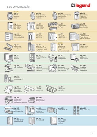E DE COMUNICAÇÃO
NOVO

pág. 16
MPCBs
Disjuntor
motor

pág. 18
Relés de pulso
e Contatores de
potência

pág. 23
Relés temporizados
e Minuterias
eletrônicas

pág. 30
Disjuntores
DRX 100
e DRX 250

pág. 44
Disjuntores
DPX 1250 e
DPX 1600

pág. 58
Disjuntores
DMX3 2500 e
DMX3 4000

pág. 88
Distribuição
XL Part

pág. 95
Blocos de
distribuição

pág. 106
Cemarplast II
Universal e DIN

pág. 109
QDETN e
QDETN-U

pág. 117
QDETN II
e QDETN-U II

pág. 125
Cemarplast II
Plast Nema
e Plast Nema-U

pág. 143
Acessórios
para quadro

pág. 148
Quadros TTA
XL3 160, XL3 400,
XL3 800, XL3 4000
e Formas

pág. 184
Sistema de
distribuição
CPDCompartimentado

pág. 186
Caixas para
medidores

pág. 211
Gestão
térmica

pág. 214
CPD e Kit Painel
Cemar

pág. 221
Acessórios
para painéis

pág. 235
UCB e mini
ventiladores

pág. 273
Memocab
e Starfix terminais
e alicates

pág. 280
Bornes de
conexão Viking 3
e acessórios

pág. 289
Lina 25 e
canaletas
para painel

pág. 332
Acessórios
planos para
eletrocalhas

pág. 335
Leitos e
acessórios

pág. 348
Eletrocalha
aramada

pág. 384
Condumulti,
eletrodutos
flexíveis corrugados

pág. 389
Conectores e
Abraçadeiras

pág. 403
LCS2 Fibra
óptica, painéis

pág. 406
LCS2 Gabinetes,
gestão do
cabeamento

pág. 420
Caixa Rack 19”

pág. 431
Rack SOHO 12”
linha metálica

pág. 433
Rack 60 x 60

pág. 434
TLBE / TLBS
caixas para
telefone

NOVO

pág. 270
CAB 3 e Duplix

4 2 AX 7

5

pág. 296
Unidades
combinadas P17

pág. 422
Rack Torre 19”

1

 
