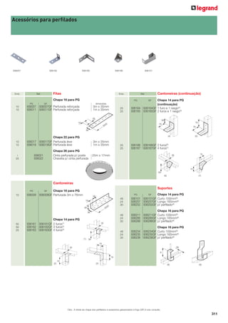 Acessórios para perﬁlados

936007

936162

Emb.

936165

936166

Fitas

Ref.

Emb.

Chapa 16 para PG
PG

dimensões

936007
936011

936007GF Perfurada reforçada
936011GF Perfurada reforçada

3m x 35mm
1m x 35mm

10
10

936017
936018

Chapa 22 para PG
936017GF Perfurada leve
936018GF Perfurada leve

3m x 35mm
1m x 35mm

25

936164
936165

Chapa 14 para PG
(continuação)
936164GF 1 furo e 1 rasgo(4)
936165GF 2 furos e 1 rasgo(5)
GF

(4)

Chapa 26 para PG
Cinta perfurada p/ poste
Chaveta p/ cinta perfurada

936021
936022

25
25

Cantoneiras (continuação)

Ref.
PG

GF

10
10

1

936101

25
25

936166
936167

(5)

936166GF 2 furos(6)
936167GF 4 furos(7)

25m x 17mm

(6)

(7)

Cantoneiras
PG

Suportes

Chapa 16 para PG
936009GF Perfurada 3m x 76mm
GF

48
24
30

10

50
50
25

936009

936161
936162
936163

GF
Chapa 14 para PG
936101GF Curto 100mm(8)
936257GF Longo 165mm(8)
936252GF p/ perﬁlado(9)

48
24
30

936211
936285
936286

Chapa 16 para PG
936211GF Curto 100mm(8)
936285GF Longo 165mm(8)
936286GF p/ perﬁlado(9)

48
24
30

936234
936235
936236

Chapa 18 para PG
936234GF Curto 100mm(8)
936235GF Longo 165mm(8)
936236GF p/ perﬁlado(9)

PG

Chapa 14 para PG
936161GF 2 furos(1)
936162GF 3 furos(2)
936163GF 4 furos(3)
(1)

(2)

936101
936257
936252

(3)

(8)

(9)

Obs.: A bitola da chapa dos perfilados e acessórios galvanizados à fogo (GF) é sob consulta.

311

 