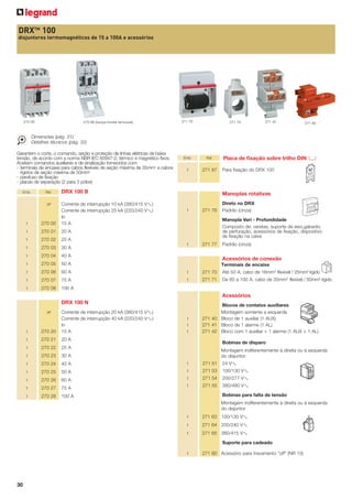 DRXTM 100
disjuntores termomagnéticos de 15 a 100A e acessórios

270 08

271 76

270 68 (tampa frontal removível)

271 70

271 42

271 80

Dimensões (pág. 31)
Detalhes técnicos (pág. 32)
Garantem o corte, o comando, seção e proteção de linhas elétricas de baixa
tensão, de acordo com a norma NBR IEC 60947-2, térmico e magnético fixos.
Aceitam comandos auxiliares e de sinalização fornecidos com:
- terminais de encaixe para cabos flexíveis de seção máxima de 35mm2 e cabos
rígidos de seção máxima de 50mm2
- parafuso de fixação
- placas de separação (2 para 3 pólos)
Emb.

Ref.

Emb.

Ref.

1

271 87

DRX 100 B

Placa de ﬁxação sobre trilho DIN

2

Para fixação do DRX 100

Manoplas rotativas

±)
±)

Direto no DRX
Padrão (cinza)

1

270 00

Corrente de interrupção 10 kA (380/415 V
Corrente de interrupção 25 kA (220/240 V
In
15 A

1

270 01

20 A

1

270 02

25 A

1

270 03

30 A

1

270 04

40 A

1

270 05

50 A

1

270 06

60 A

1

271 70

Até 50 A, cabo de 16mm2 flexível / 25mm2 rígido

1

270 07

75 A

1

271 71

De 60 a 100 A, cabo de 35mm2 flexível / 50mm2 rígido

1

270 08

100 A

3P

1

271 76

Manopla Vari - Profundidade
Composto de: varetas, suporte de eixo,gabarito
de perfuração, acessórios de fixação, dispositivo
de fixação na caixa
1

271 77

Padrão (cinza)

Acessórios de conexão
Terminais de encaixe

Acessórios
DRX 100 N

±)
±)

Blocos de contatos auxiliares
Montagem somente a esquerda
271 40 Bloco de 1 auxiliar (1 AUX)
271 41 Bloco de 1 alarme (1 AL)
271 42 Bloco com 1 auxiliar + 1 alarme (1 AUX + 1 AL)

1

270 20

Corrente de interrupção 20 kA (380/415 V
Corrente de interrupção 40 kA (220/240 V
In
15 A

1

270 21

20 A

1

270 22

25 A

1

270 23

30 A

1

270 24

40 A

1

271 51

24 V

1

270 25

50 A

1

271 53

100/130 V

1

270 26

60 A

1

271 54

200/277 V

1

270 27

75 A

1

271 55

1

270 28

100 A

3P

1
1
1

Bobinas de disparo
Montagem indiferentemente à direita ou à esquerda
do disjuntor

±

±
±
380/480 V±
Bobinas para falta de tensão
Montagem indiferentemente à direita ou à esquerda
do disjuntor

±
±
380/415 V±

1

271 63 100/130 V

1

271 64 200/240 V

1

271 65

Suporte para cadeado
1

30

271 80 Acessório para travamento “off” (NR 10)

 