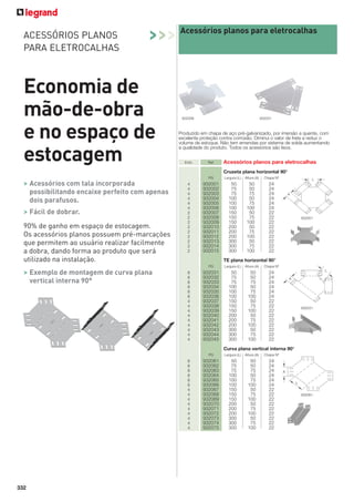 ACESSÓRIOS PLANOS
PARA ELETROCALHAS

>>>

Economia de
mão-de-obra
e no espaço de
estocagem

Acessórios planos para eletrocalhas

932006

932031

Produzido em chapa de aço pré-galvanizado, por imersão a quente, com
excelente proteção contra corrosão. Diminui o valor de frete e reduz o
volume de estoque. Não tem emendas por sistema de solda aumentando
a qualidade do produto. Todos os acessórios são lisos.
Emb.

Ref.

Acessórios planos para eletrocalhas
Cruzeta plana horizontal 90°

PG

> Acessórios com tala incorporada
possibilitando encaixe perfeito com apenas
dois parafusos.
> Fácil de dobrar.
90% de ganho em espaço de estocagem.
Os acessórios planos possuem pré-marcações
que permitem ao usuário realizar facilmente
a dobra, dando forma ao produto que será
utilizado na instalação.

4
4
4
4
4
4
2
2
2
2
2
2
2
2
2

Largura (L)

932001
932002
932003
932004
932005
932006
932007
932008
932009
932010
932011
932012
932013
932014
932015

50
75
75
100
100
100
150
150
150
200
200
200
300
300
300

Altura (A)

50
50
75
50
75
100
50
75
100
50
75
100
50
75
100

Chapa Nº

A

932001

TE plana horizontal 90°
PG

> Exemplo de montagem de curva plana
vertical interna 90°

L

24
24
24
24
24
24
22
22
22
22
22
22
22
22
22

8
8
8
8
8
8
4
4
4
4
4
4
4
4
4

Largura (L)

Altura (A)

Chapa Nº

932031
932032
932033
932034
932035
932036
932037
932038
932039
932040
932041
932042
932043
932044
932045

50
75
75
100
100
100
150
150
150
200
200
200
300
300
300

50
50
75
50
75
100
50
75
100
50
75
100
50
75
100

24
24
24
24
24
24
22
22
22
22
22
22
22
22
22

L
A

932031

Curva plana vertical interna 90°
PG

8
8
8
8
8
8
4
4
4
4
4
4
4
4
4

332

Largura (L)

Altura (A)

Chapa Nº

932061
932062
932063
932064
932065
932066
932067
932068
932069
932070
932071
932072
932073
932074
932075

50
75
75
100
100
100
150
150
150
200
200
200
300
300
300

50
50
75
50
75
100
50
75
100
50
75
100
50
75
100

24
24
24
24
24
24
22
22
22
22
22
22
22
22
22

A
L
932061

 