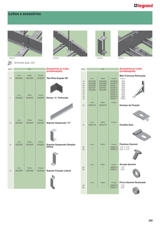 Leitos e acessórios

933478

933495

933494

933479

Dimensões (pág. 343)
Emb.

Leve

10

Acessórios p/ Leito
(continuação)

Ref.

Médio

933292

933492

Emb.

Acessórios p/ Leito
(continuação)

Ref.

Pesado

Mão Francesa Reforçada

933822 Tala Reta Angular 90°

Médio

933294

933494

Leve

10

Médio

933295

933495

Leve

10

Médio

933296

933496

933488
933489
933480
933481
933482
-

933488
933489
933480
933481
933482
-

933809
933810
933811
933812
933813
933814
933815
933816
933817

200
300
400
500
600
700
800
900
1000

Médio

Pesado

933478

933478

-

Leve

Médio

Pesado

933479

933479

-

Leve

Médio

-

-

Leve

Leve

10

Pesado

933823 Divisor “L” Perfurado

Largura

10
10
10
10
10
10
10
10
10

10

933493

Pesado

Leve

Médio

933293

Médio

10

Leve

1

Leve

Médio

Pesado

-

-

938610
938611

Leve

Médio

Pesado

-

-

938616
938617

Grampo de Fixação

Pesado

933824 Suporte Suspensão “C”

Presilha Guia

Pesado

933825 Suporte Suspensão Simples
(Unha)

Pesado

933826 Suporte Fixação Lateral

50
50

50
50

50
50

Pesado
Parafuso Geomet
938612 1/4” x 1/2”
938613 3/8” x 1/2”

Arruela Geomet
1/4”
3/8”

Porca Geomet Sextavada
1/4”
3/8”

339

 