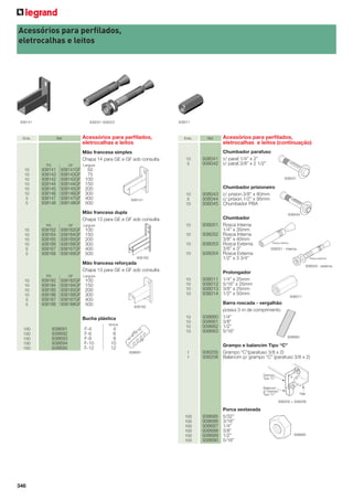 Acessórios para perﬁlados,
eletrocalhas e leitos

938141

938011

938051-938053

Emb.

Acessórios para perﬁlados,
eletrocalhas e leitos

Ref.

Mão francesa simples
Chapa 14 para GE e GF sob consulta
PG

10
10
10
10
10
10
5
5

GF

Largura

938141
938143
938142
938144
938145
938146
938147
938148

938141GF
938143GF
938142GF
938144GF
938145GF
938146GF
938147GF
938148GF

50
75
100
150
200
300
400
500

Emb.

10
5

Ref.

Chumbador parafuso
938041 c/ paraf.1/4” x 2”
938042 c/ paraf.3/8” x 2 1/2”
938041

938141

10
5
10

Chumbador prisioneiro
938043 c/ prision.3/8” x 80mm
938044 c/ prision.1/2” x 95mm
938045 Chumbador PBA

Mão francesa dupla
Chapa 13 para GE e GF sob consulta
PG

10
10
10
10
5
5

GF

938162GF
938164GF
938165GF
938166GF
938167GF
938168GF

10

938052

10

100
150
200
300
400
500

938051

10

Largura

938162
938164
938165
938166
938167
938168

938053

10

938054

938162

Mão francesa reforçada
Chapa 13 para GE e GF sob consulta
PG

10
10
10
10
5
5

GF

Largura

938182
938184
938185
938186
938187
938188

938182GF
938184GF
938185GF
938186GF
938187GF
938188GF

100
150
200
300
400
500

938691
938692
938693
938694
938695

F-4
F-6
F-8
F-10
F-12

10
10
10
10

4
6
8
10
12

938043

Rosca interna

938051 - interna
Rosca externa

938011
938012
938013
938014

Prolongador
1/4” x 25mm
5/16” x 25mm
3/8” x 25mm
1/2” x 50mm

938660
938661
938662
938663

Barra roscada - vergalhão
possui 3 m de comprimento
1/4”
3/8”
1/2”
5/16”

938182

broca

Chumbador
Rosca Interna
1/4” x 35mm
Rosca Interna
3/8” x 40mm
Rosca Externa
3/8” x 3”
Rosca Externa
1/2” x 3 3/4”

938053 - externa

10
10
10
10

Bucha plástica
100
100
100
100
100

Acessórios para perﬁlados,
eletrocalhas e leitos (continuação)

938011

938660

938691

1
1

Grampo e balancim Tipo “C”
936205 Grampo “C”(parafuso 3/8 x 2)
936206 Balancim p/ grampo “C” (parafuso 3/8 x 2)

Grampo
Tipo “C”
Balancim
p/ Grampo
Tipo “C”

Viga

936205 + 936206

100
100
100
100
100
100

346

938685
938686
938687
938688
938689
938690

Porca sextavada
5/32”
3/16”
1/4”
3/8”
1/2”
5/16”

938685

 