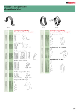 Acessórios para perﬁlados,
eletrocalhas e leitos

908731

938715

Acessórios para perﬁlados,
eletrocalhas e leitos (continuação)

Emb.

Ref.

100
100
100
100
100
100

938675
938676
938677
938678
938679
938680

Arruela lisa
5/32”
3/16”
1/4”
3/8”
1/2”
5/16”

100
100
100
100
100

938605
938606
938607
938608
938609

Arruela de pressão
5/32” ZB
3/16” ZB
1/4” ZB
3/8” ZB
1/2” ZB
dimensão

bucha

2,9 x 19
4,2 x 32
6,3 x 45
1/4” x 13/4”
5/16” x 2”
3/8” x 21/2”

F-4
F-6
F-8
F-8
F-10
F-12

100
100
100
100
100
100
100
100

938650
938651
938652
938653
938654
938655
938657
938658

Parafuso cabeça redonda
5/32” x 1/4”
5/32” x 1/2”
5/32” x 5/8”
3/16” x 1/4”
3/16” x 1/2”
3/16” x 5/8”
1/4” x 1/2”
1/4” x 5/8”

100
100
100
100

938671
938672
938673*
938674

Parafuso cabeça lentilha c/ trava
1/4” x 1/2”
1/4” x 5/8”
3/8” x 3/4”
5/16” x 5/8”

100
100
100
100
100
50
50
50
50
50

938731
938733
938734
938735
938736
938737
938738
938739
938740
938741

938715
938716
938717
938718
938719
938720
938721
938722
938723
938724

Abraçadeira econômica
1/2”
3/4”
1”
1 1/4”
1 1/2”
2”
2 1/2”
3”
3 1/2”
938715
4”

938702
938703
938704
938705
938706
938707
938708
938709
938710

Abraçadeira tipo “D” c/ chaveta
1/2”
3/4”
1”
1 1/4”
1 1/2”
2”
2 1/2”
3”
4”
938702

100
100
100
100
50
50
50
25
25
25
25

938742
938743
938744
938745
938746
938747
938748
938749
938750
938751
938752

Abraçadeira tipo “U” perﬁl
3/8”
1/2”
3/4”
1”
1 1/4”
1 1/2”
2”
2 1/2”
3”
3 1/2”
4”
938742

938605

Cab Red
Cab Red
Cab Red
Cab Sex
Cab Sex
Cab Sex

(*) Parafuso p/ perﬁlados.

Ref.

100
100
100
50
50
50
25
25
25

938675

938665
938666
938667
938668
938669
938670

100
100
100
100
100
100

938650

Acessórios para perﬁlados,
eletrocalhas e leitos (continuação)

Emb.

100
100
100
100
100
50
50
50
50
50

Parafuso rosca soberba
tipo

938702

938665

938671

Abraçadeira tipo “U” simples
1/2”
3/4”
1”
1 1/4”
1 1/2”
2”
2 1/2”
3”
938731
3 1/2”
4”

347

 