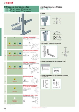 trilhos para fixar os suportes
R41S :
30 ➜ 105 mm
50 ➜ 600 mm
R21S :
30 ➜ 105 mm
100 ➜ 300 mm

montagens em perfilados
R21S - R41S
■ PFN41

x-2

HM 8-X-16

M8

x-2

HM 8

x-2

■ SU41

VHM12x20 + HM12

Emb.

VHM12x20 + E41M12

Pode ser utilizado como montante ou como
suporte de ﬁxação no teto

1

GC

x4

Perfilado suporte R41S

Ref.

GS

x4

L

316L

mm

CM595520* CM595523* CM595524* R41S3000

30

3000

■ INTERFACE PARA SUPORTE CSN

9

13

L

41

VHM8X20

(mm)

41

Suporte adaptável PFN41S

100 mm

Apoio de piso ou teto para perﬁlado

GS
10

GC

M8

316L

50 mm

E41M8

51

150

CM595360* CM595363* CM595364* daN.m = 100
100

x2

ø14

■ PARAFUSOS PARA MONTAGEM R41 E R21

Perfilado suporte R21S
Pode ser utilizado como montante ou como
suporte de ﬁxação no teto

GS
1

GC

L

316L

mm

CM597320* CM597323* 3CM597324* R21S3000

30

3000

13

l
9

L

21
22
41

L
L = l + 100mm

(mm)

■ PARAFUSOS PARA MONTAGEM EM R41 E R21

Suporte fixo SU41

COLGANTE

Apoio de piso ou teto para perﬁlado

GS
41

10

CM595340*

daN.m = 35

TF6

91

x2
121

Adaptador para perfilado
ou montante INTERFAS
GS

10

Para ﬁxar um suporte
CSN ao perﬁlado ou
montante

TF8
EEC6

EEC8

100

50

Acabamento EP21 - EP41
Acabamento plástico protetor

50
50

CM559675*
CM559625*

EP21
EP21
EP41

EP41

*Consulte disponibilidade
Referências em vermelho: Produtos Novos

366

CE 25

x1
x1

x4

CM557800*

PVC

BTRCC
6X20

300 ➜ 600mm x2

 