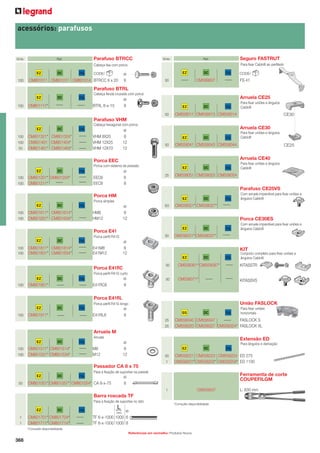 acessórios: parafusos

Emb.

Parafuso BTRCC

Ref.

Emb.

Seguro FASTRUT

Ref.

Para ﬁxar Cabloﬁl ao perﬁlado

Cabeça lisa com porca

EZ
100

DC

316L

CODE/

CM801011 CM801017 CM801014 BTRCC 6 x 20

EZ

ø
6

DC

316L

CM599007

50

CODE/

FS 41

Parafuso BTRL
Cabeça fenda cruzada com porca

EZ
100

DC

316L

CM801111*

Arruela CE25

ø
8

BTRL 8-x-15

EZ
50

DC

316L

Para ﬁxar uniões e ângulos
Cabloﬁl

CM558011 CM558013 CM558014

CE30

Parafuso VHM
Cabeça hexagonal com porca

EZ
100
100
50

DC

316L

CM801321* CM801324*
CM801401 CM801404*
CM801461* CM801464*

ø
8
12
12

VHM 8X20
VHM 12X25
VHM 12X70

Arruela CE30
EZ
50

DC

316L

CM558041 CM558043 CM558044

Porca com sistema de pressão

EZ
100

DC

ø
6
8

316L

CM801201* CM801204*
CM801211*

EEC6
EEC8

CE25

Arruela CE40

Porca EEC

100

Para ﬁxar uniões e ângulos
Cabloﬁl

EZ
25

DC

316L

Para ﬁxar uniões e ângulos
Cabloﬁl

CM558051 CM558053 CM558054

Parafuso CE25VS
Porca HM

EZ

Porca simples

EZ
100
100

DC

316L

CM801611* CM801614*
CM801631* CM801634*

50

ø
8
12

HM8
HM12

100
100

316L

CM801811* CM801814*
CM801831* CM801834*

50

DC

KIT

50

Porca E41RC

100

ø
8

316L

CM801851*

E41RC8

DC

316L

Conjunto completo para ﬁxar uniões e
ângulos Cabloﬁl

CM558081* CM558087*

KITASSTR

CM558071*

KITASSVS

1

Porca perﬁl R41S curto
DC

Com arruela imperdível para ﬁxar uniões e
ângulos Cabloﬁl

CM558031* CM558037*

EZ

EZ

316L

ø
8
12

E41M8
E41M12

Com arruela imperdível para ﬁxar uniões e
ângulos Cabloﬁl

CM558021* CM558027*

EZ

Porca perﬁl R41S
DC

316L

Porca CE30ES

Porca E41
EZ

DC

50

Porca E41RL
União FASLOCK

Porca perﬁl R41S longo

EZ
100

DC

316L

CM801911*

ø
8

E41RL8

GS
25
25

DC

316L

Para ﬁxar uniões
horizontais

CM558340 CM558347
FASLOCK S
CM558320 CM558327 CM558324* FASLOCK XL

Arruela M
Arruela

EZ
100
100

DC

316L

CM801511* CM801514*
CM801531* CM801534*

Extensão ED

ø
8
12

M8
M12

Para ângulos e derivação

EZ
50
1

GC

316L

CM558221 CM558223 CM558224 ED 275
CM558201* CM558203* CM558204* ED 1100

Passador CA 8 x 75
Para a ﬁxação de suportes na parede

EZ
50

DC

316L

Ferramenta de corte
COUPEFILGM

ø
8

CM801051* CM801057* CM801054* CA 8-x-75

CM559507

1

Barra roscada TF
Para a ﬁxação de suportes no teto

EZ
1
1

DC

CM801701* CM801704*
CM801711* CM801714*

316L

L

*Consulte disponibilidade

mm ø
TF 6-x-1000 1000 6
TF 8-x-1000 1000 8

*Consulte disponibilidade
Referências em vermelho: Produtos Novos

368

L: 630 mm

 