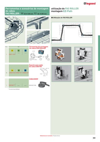 Ferramentas e acessórios de montagem
de cabos
FAS ROLLER :
30 ➜ 105 mm
50 ➜ 600 mm

utilização do FAS ROLLER
montagem EZ-Path
■ Utilização do FAS ROLLER

Emb.

GS
1

Ferramenta de montagem
de cabos FAS ROLLER

Ref.

GC

316L

Ø-70

CM011100*

+
x6 155 (mm)

+
x6

x6

Suporte para saída
de cabos DEV100
❑ 11x7

GS
10

DC

316L

CM585160 CM585167 CM585164
R 50
(mm)

90

CABLOGRIP

1

CM559677*

rolo de 5 mts.

*Consulte disponibilidade

Referências em vermelho: Produtos Novos

369

 