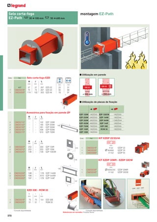 Selo corta-fogo
EZ-Path
30 ➜ 105 mm

montagem EZ-Path
50 ➜ 600 mm

■ Utilização em parede
Emb.

Ref.

Selo corta-fogo EZD
H

KIT

1
1

CM250018*
CM250058*

l

L

mm

mm

mm

37
75
114

37
75
102

267 EZD 22
267 EZD 33
353 EZD 44

mm

mm

23
56
78

31
69
97

< 250 mm

L

EZD
33E

EZD 33

EZD 33

> 250 mm

■ Utilização de placas de fixação

H

➜

➜

Acessórios para fixação em parede ZP
EZP 133W 1XEZD33 EZP 133CW

H

l

L

mm

mm

mm

1XEZD33

CM250110*
CM250120*
CM250130*
CM250140*
CM250170*

-

-

102
185
291
406
610

H

l
mm

203
203
139

1 5XEZD44

EZP 433W 4XEZD33

EZP 144F

1XEZD44

EZP 733W 7XEZD33

EZP 33E

1XEZD33

EZP 133R 1XEZD33

RCM 33

1XEZD33

mm

-

1XEZD44

EZP 544W

L

mm

EZP 133W
EZP 233W
EZP 333W
EZP 433W
EZP 733W

EZP 144W

EZP 333W 3XEZD33
2
2
2
2
2

EZP 233W 2XEZD33

L

108

EZP 133K 1XEZD33

Emb.

2
2
2

CM250220*
CM250210*
CM250240*

253
253
139

Ref.

1
1
1

KIT EZDP 22/33/44

CM250518*
CM250028*
CM250068*

mm

EZP 133R
EZP 133K
EZP 133CW

253
203

ø 52
80X80
ø 152

EZDP 22
EZDP 33
EZDP 44

KIT EZDP 33WR - EZDP 33CW

139

L

H
CM250230*
CM250250*
CM250260*

L

mm

2
2
1

l
mm

mm

196
196
197

-

mm

196

1
1

178 EZP 144W
610 EZP 544W
178 EZP 144F

CM250038*
CM250048*

197
L

EZD 33E - RCM 33
H

1
2

CM250078*
CM250206*

l

L

mm

mm

mm

75
51

75
51

151
-

*Consulte disponibilidade

370

75

EZD 33E
RCM 33

L
75

51
*Consulte disponibilidade
Referências em vermelho: Produtos Novos

180X230
ø 102

EZDP 33WR
EZDP 33CW

 