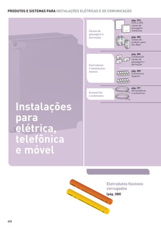 PRODUTOS E SISTEMAS PARA INSTALAÇÕES ELÉTRICAS E DE COMUNICAÇÃO
pág. 374
CPS e CPE
caixas de
passagem
metálicas

Caixas de
passagem e
derivação

pág. 382
Caixas de
embutir para
Dry Wall

pág. 384
Condumulti
caixas de
passagem e
derivação

Eletrodutos
e instalações
móveis

pág. 389
Conectores
Suprem

pág. 391
Abraçadeiras
e acessórios

Acessórios
e extensões

Instalações
para
elétrica,
telefônica
e móvel
Eletr
Eletrodutos flexíveis
corrugados
corr
ru
(pág. 388)
(pág. 3

372

 