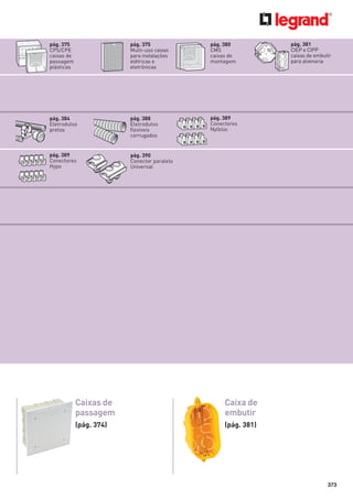 pág. 375
CPS/CPE
caixas de
passagem
plásticas

pág. 375
Multi-uso caixas
para instalações
elétricas e
eletrônicas

pág. 380
CMS
caixas de
montagem

pág. 384
Eletrodutos
pretos

pág. 388
Eletrodutos
flexíveis
corrugados

pág. 389
Conectores
Nylbloc

pág. 389
Conectores
Hypo

pág. 381
CIEP e CIPP
caixas de embutir
para alvenaria

pág. 390
Conector paralelo
Universal

Caixas de
passagem

Caixa de
embutir

(pág. 374)

(pág. 381)

373

 