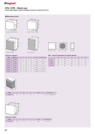CPS / CPE e Multi-uso
caixas de passagem e para instalações elétricas e eletrônicas IP 44

■ Dimensões (mm)

913263 / 913204 / 913233

913201 / 913202 / 913231

B

D

A
913206 / 913209

E

CPE - Caixas de passagem de embutir plástica

Caixas de sobrepor
CPS

Multi-uso

A

B

C

913204

913203

120

120

75

27/35

3/4” e 1”

913202

913201

150

150

68

22/27/35

1/2”, 3/4” e 1”

913234

913233

120

120

75

27/35

913232

913231

150

150

68

913206

913209

145

155

913208

913213

185

913210

913215

250

Furos Ø

Para eletroduto

A

B

C

D

E

911001

160

160

126

126

75

911002

190

190

155

155

75

1/2” e 1”

911003

240

240

205

205

90

22/27/35

1/2”, 3/4” e 1”

911005

340

340

305

305

90

74

22/28

1/2” e 3/4”

210

74

22/28/34

1/2”, 3/4” e 1”

323

74

22/28/34

1/2”, 3/4” e 1”

CPII

A

B

C

Furos Ø

Para eletroduto

913091

135

120

73,5

2

1/2”, 3/4” e canaleta 20x10

Caixas de embutir
CPE

A

B

C

Furos Ø

Para eletroduto

912921

376

C

913210 / 913215

126

126

64

22/27

1/2” e 3/4”

 