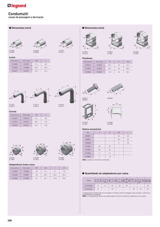 Condumulti
caixas de passagem e derivação

■ Dimensões (mm)

913666
913667

■ Dimensões (mm)

913668
913669

913670
913671

Luvas

913678
913679

913680
913681

913682
913683

Fixadores

Cinza escuro

Cinza claro

Ød

L

913666

913667

21,1

36

913668

913669

26,1

40,5

913670

913671

33,1

47,5

Cinza escuro

Cinza claro

B

C

Ød

913678

913679

26,1

18

21,1

913680

913681

32,7

20

26,1

913682

913683

41,6

22

33,1

938601
938602
913672
913673

913690
913691

913674
913675

938696

913695
913696

913676
913677

Curvas
Cinza escuro

Cinza claro

Ød

L

913672

913673

21,1

98

913674

913675

26,1

115

913676

913677

33,1

138

Outros acessórios
Ref.

A

B

ØD

L

938601

-

-

3,5

9,5

938602

-

-

3,5

25

938696

913688
913689

5

29

22

-

-

26

22

-

-

913695
913686
913687

-

26

913691

913684
913685

-

913690

11

14

-

-

913696

11

14

-

-

OBS.: parafuso com fenda combinada.

Adaptadores bolsa rosca
Cinza escuro

Cinza claro

ØD

Ød

A

B

913684

913685

32

21,1

31

18

913686

913687

38

26,1

33,3

20,3

913688

913689

45

33,1

37,8

23,8

■ Quantidade de adaptadores por caixa
Caixa

E

B

C

T

X

5 entradas

01

01

02

03

04

6 entradas

01

–

02

–

–

LL

LR

LB

–

–

02

02

02

02

*Conﬁgurações tradicionais de conduletes; inúmeras outras montagens são possíveis, conforme a
necessidade da instalação.
OBS.: os adaptadores devem ser selecionados conforme a bitola do eletroduto a ser usado.

386

 