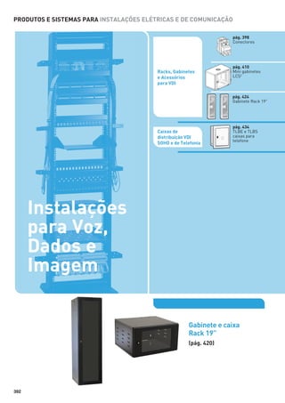 PRODUTOS E SISTEMAS PARA INSTALAÇÕES ELÉTRICAS E DE COMUNICAÇÃO
pág. 398
Conectores

Racks, Gabinetes
e Acessórios
para VDI

pág. 410
Mini gabinetes
LCS2

pág. 424
Gabinete Rack 19”

Caixas de
distribuição VDI
SOHO e de Telefonia

pág. 434
TLBE e TLBS
caixas para
telefone

Instalações
para Voz,
Dados e
Imagem
Gabinete e caixa
Rack 19”
(pág. 420)

392

 