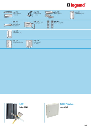 pág. 396
Patch panels
e blocos

pág. 396
Patch cords
e cabos

pág. 403
Fibra optica

pág. 397
Caixa de
distribuição
multimídia

pág. 420
Caixa Rack 19”

pág. 422
Rack Torre 19”

pág. 406
Gabinetes LCS2

pág. 429
Plast Rack 12”

pág. 431
Rack Residencial
12”

pág. 433
Rack 60x60
12” e 19”

LCS2

TLBE Plástica

(pág. 394)

(pág. 434)

393

 