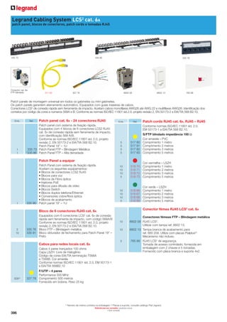 Legrand Cabling System LCS2 cat. 6A
patch panel, blocos de conectores, patch cords e tomadas RJ45

335 73

335 90

Conector cat. 6a
FTP blindado

517 82

335 76

327 78

6602 09

6602 13

765 99

Patch panels de montagem universal em todos os gabinetes ou mini gabinetes.
netes
Os patch panels garantem aterramento automático. Equipados com guias traseiras de cabos.
2
Conectores LCS de conexão rápida sem ferramenta de impacto. Aceitam cabos monofilares AWG26 até AWG 22 e multifilares AWG26. Identificação dos
contatos por código de cores e números 568A e B. Conforme as normas ISO/IEC 11801 éd.2.0, projeto revisão 2, EN 50173-2 e EIA/TIA 568 B2.10.
Emb.

Ref.

Patch panel cat. 6A - 24 conectores RJ45

Emb.

1
1

Patch panel com sistema de fixação rápida.
Equipados com 4 blocos de 6 conectores LCS2 RJ45
cat. 6A de conexão rápida sem ferramenta de impacto,
com identificação 568 A/B.
Conforme as normas ISO/IEC 11801 ed. 2.0, projeto
revisão 2, EN 50173-2 e EIA/TIA 568 B2.10.
Patch Panel 19” – 1U
335 73 Patch Panel FTP – Blindagem Metálica
*335 86 Patch Panel FTP – Alta densidade

1

Patch Panel com sistema de fixação rápida.
Aceitam os seguintes equipamentos:
• Blocos de conectores LCS2 RJ45
• Blocos para voz
• Blocos de Fibra óptica
• Injetores PoE
• Blocos para difusão de vídeo
• Blocos Switch
• Blocos duplos telefone/Ethernet
• Conversores cobre/fibra óptica
• Blocos de acabamento
335 90 Patch panel 19” – 1U

Ref.

5
5
5
5

517 80
517 81
517 82
517 83

S/FTP blindado impedância 100 Ω
Cor amarela – PVC
Comprimento 1 metro
Comprimento 2 metros
Comprimento 3 metros
Comprimento 5 metros

10
10
10
5

518 70
518 71
518 72
518 73

Cor vermelha – LSZH
Comprimento 1 metro
Comprimento 2 metros
Comprimento 3 metros
Comprimento 5 metros

10
10
10
5

518 66
518 67
518 68
518 69

Cor verde – LSZH
Comprimento 1 metro
Comprimento 2 metros
Comprimento 3 metros
Comprimento 5 metros

Patch Panel a equipar

Conector fêmea RJ45 LCS2 cat. 6A

Bloco de 6 conectores RJ45 cat. 6A

2
10

Equipados com 6 conectores LCS2 cat. 6A de conexão
rápida sem ferramenta de impacto, com código 568A/B
Conforme as normas ISO/IEC 11801 ed. 2.0, projeto
revisão 2, EN 50173-2 e EIA/TIA 568 B2.10.
335 76 Bloco FTP – Blindagem metálica
335 91 Bloco obturador de fechamento para Patch Panel 19” –
Preto

10
10

5

Cabos para redes locais cat. 6A
Cabos 4 pares trançados 100 ohms
Capa LSZH: Livre de Halogênio
Código de cores EIA/TIA terminação T568A
e T568B. Cor amarela
Conforme normas ISO/IEC 11801 éd. 2.0, EM 50173-1
e EIA/TIA 568B2.10

500(1)

Conectores fêmeas FTP – Blindagem metálica
6602 09 RJ45 LCS2.
Utilizar com tampa ref. 6602 13.
6602 13 Tampa branca de acabamento para
ref. 660 209. Utilize com placas Pialplus(2)
Mecanismo não incluso.
765 99 RJ45 LCS2 de segurança.
Tomada de acesso controlado, fornecida em
embalagem com 2 chaves e 5 tomadas.
Fornecido com placa branca e suporte 4x2.

F/UTP – 4 pares
Performance 500 MHz
327 78 Comprimento 500 metros
Fornecido em bobina. Peso 25 kg

(1)

Número de metros contidos na embalagem (2) Placas e suporte, consulte catálogo Pial Legrand.
Referências em vermelho: produtos novos
Sob consulta

396

Patch cords RJ45 cat. 6A. RJ45 – RJ45
Conforme normas ISO/IEC 11801 éd. 2.0,
EM 50173-1 e EIA/TIA 568 B2.10.

*

 