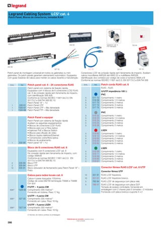 Legrand Cabling System LCS2 cat. 6
Patch Panel, Blocos de conectores, tomadas RJ45

335 61

Conector cat. 6
FTP blindado

335 65

765 94

NOVO

335 90
327 55

517 72

Patch panel de montagem universal em todos os gabinetes ou mini
gabinetes. Os patch panels garantem aterramento automático. Equipados
com guias traseiras de cabos para manter os cabos durante a manutenção.

Emb.

1
1
1

Ref.

Patch panel cat. 6 - 24 conectores RJ45

Emb.

Patch panel com sistema de fixação rápida.
Equipados com 4 blocos de 6 conectores LCS2 RJ45
cat. 6 de conexão rápida sem ferramenta de impacto,
com identificação 568 A/B.
Conforme as normas ISO/IEC 11801 éd.2.0, EN
50173-2 e EIA/TIA 568 B2.10.
Patch Panel 19” – 1U
335 61 Patch Panel UTP
*335 67 Patch Panel UTP – Alta densidade
*335 68 Patch Panel FTP – Alta densidade

Ref.

5
5
5
5
5

517 72
518 09
517 73
517 74
517 75

U/UTP impedância 100 Ω
PVC
Comprimento 1 metro
Comprimento 1,5 metros
Comprimento 2 metros
Comprimento 3 metros
Comprimento 5 metros

518 22
518 23
518 24
518 25
518 26

PVC
Comprimento 1 metro
Comprimento 1,5 metros
Comprimento 2 metros
Comprimento 3 metros
Comprimento 5 metros

518 62
518 10
518 63
518 64
518 65

LSZH
Comprimento 1 metro
Comprimento 1,5 metros
Comprimento 2 metros
Comprimento 3 metros
Comprimento 5 metros

5
5
5
5
5

518 58
518 11
518 59
518 60
518 61

LSZH
Comprimento 1 metro
Comprimento 1,5 metros
Comprimento 2 metros
Comprimento 3 metros
Comprimento 5 metros

Bloco de 6 conectores RJ45 cat. 6

2
2
10

Equipados com 6 conectores LCS2 cat. 6
De conexão rápida sem ferramenta de impacto, com
código 568A/B
Conforme as normas ISO/IEC 11801 éd.2.0, EN
50173-2 e EIA/TIA 568 B2.10.
335 65 Bloco FTP
335 64 Bloco UTP
335 91 Bloco obturador de fechamento para Patch Panel 19” –
Preto

Conector fêmea RJ45 LCS2 cat. 6 UTP
Conector fêmea UTP

Cabos para redes locais cat. 6

10

Cabos 4 pares trançados 100ohms
Código de cores EIA/TIA terminação T568A e T568B
Cor azul

10

500(1)

5

U/UTP – 4 pares CM
327 55 Comprimento 305 metros(1)
Fornecido em caixa. Peso 16 Kg

305(1)

5

331 81
331 61
765 94
786 47

F/UTP – 4 pares CM
*328 56 Comprimento 305 metros(1)
Fornecido em bobina. Peso 17 Kg

305(1)

U/UTP – 4 pares LSZH
*327 54 Comprimento 305 metros(1)
Fornecido em caixa. Peso 16 Kg
(1) Número de metros contidos na embalagem
Referências em vermelho: produtos novos
Sob consulta

398

Patch cords RJ45 cat. 6

5
5
5
5
5

Patch Panel com sistema de fixação rápida
Aceitam os seguintes equipamentos:
• Blocos de conectores LCS2 RJ45
• Blocos para voz e Fibra óptica
• Injetores PoE e Blocos Switch
• Blocos para difusão de vídeo
• Blocos duplos telefone/Ethernet
• Conversores cobre/fibra óptica
• Blocos de acabamento
335 90 Patch panel 19” – 1U

*

331 61

RJ45 - RJ45

5
5
5
5
5

Patch Panel a equipar

1

331 81

Conectores LCS2 de conexão rápida sem ferramenta de impacto. Aceitam
cabos monofilares AWG26 até AWG 22 e multifilares AWG26
identificação dos contatos por código de cores e números 568A e B
Conforme as normas ISO/IEC 11801 éd.2.0, EN 50173-2 e EIA/TIA 568

RJ45 LCS2 Keystone.
RJ45 LCS2 Keystone branco.
RJ45 LCS2 de segurança com placa vela.
RJ45 LCS2 de segurança com placa DLP.
Tomada de acesso controlado, fornecida em
embalagem com 2 chaves para 5 tomadas – 2 módulos
Fornecida com placa branca e suporte 4 x 2

 