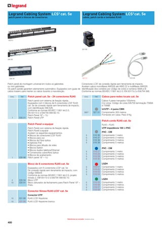 Legrand Cabling System LCS2 cat. 5e

Legrand Cabling System LCS2 cat. 5e

patch panel e blocos de conectores

cabos, patch cords e tomadas RJ45

335 61

331 80

335 90

Patch panel de montagem universal em todos os gabinetes
ou mini gabinetes.
Os patch panels garantem aterramento automático. Equipados com guias de
cabos traseiro para manter os cabos durante a manutenção.
Emb.

1

516 39

327 51

335 54

Ref.

Patch panel cat. 5e - 24 conectores RJ45

Patch panel com sistema de fixação rápida.
Equipados com 4 blocos de 6 conectores LCS2 RJ45
cat. 5e de conexão rápida sem ferramenta de impacto,
com identificação 568 A/B.
Conforme as normas ISO/IEC 11801 éd.2.0,
EN 50173-2 e EIA/TIA 568 B2.10.
Patch Panel 19” – 1U
335 51 Patch Panel UTP

Conectores LCS2 de conexão rápida sem ferramenta de impacto.
Aceitam cabos monofilares AWG26 até AWG 22 e multifilares AWG26
Identificação dos contatos por código de cores e números 568A e B
Conforme as normas ISO/IEC 11801 éd.2.0, EN 50173-2 e EIA/TIA 568.
Emb.

Ref.

Cabos para redes locais cat. 5e
Cabos 4 pares trançados 100ohms
Cor cinza. Código de cores EIA/TIA terminação T568A
e T568B

305(1)

U/UTP – 4 pares CMX
327 51 Comprimento 305 metros
Fornecido em caixa. Peso 9 Kg

Patch cords RJ45 cat. 5e
Patch Panel a equipar

1

Patch Panel com sistema de fixação rápida.
Patch Panel a equipar
Aceitam os seguintes equipamentos:
• Blocos de conectores LCS2 RJ45
• Blocos para voz
• Blocos de Fibra óptica
• Injetores PoE
• Blocos para difusão de vídeo
• Blocos Switch
• Blocos duplos telefone/Ethernet
• Conversores cobre/fibra óptica
• Blocos de acabamento
335 90 Patch panel 19” – 1U

RJ45 – RJ45
UTP impedância 100 Ω PVC
5
5
5
5

516 36
516 37
516 38
516 39

PVC - CM
Comprimento 1 metro
Comprimento 2 metros
Comprimento 3 metros
Comprimento 5 metros

5
5
5
5

518 27
518 28
518 29
518 30

PVC - CM
Comprimento 1 metro
Comprimento 2 metros
Comprimento 3 metros
Comprimento 5 metros

5
5
5
5

518 01
518 02
518 03
518 04

LSZH
Comprimento 1 metro
Comprimento 2 metros
Comprimento 3 metros
Comprimento 5 metros

5
5
5
5

518 05
518 06
518 07
518 08

LSZH
Comprimento 1 metro
Comprimento 2 metros
Comprimento 3 metros
Comprimento 5 metros

Bloco de 6 conectores RJ45 cat. 5e
2

2
10

Equipados com 6 conectores LCS cat. 5e
De conexão rápida sem ferramenta de impacto, com
código 568A/B
Conforme as normas ISO/IEC 11801 éd.2.0, projeto
revisão 2, EM 50173-2 e EIA/TIA 568 B2.10.
335 54 Bloco UTP
335 91 Bloco obturador de fechamento para Patch Panel 19” –
Preto

Conector fêmea RJ45 LCS2 cat. 5e
10
10

Conector UTP
331 80 RJ45 LCS2 Keystone
331 60 RJ45 LCS2 Keystone branco.

Referências em vermelho: produtos novos

400

 