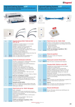 Legrand Cabling System LCS2

Legrand Cabling System LCS2

caixas de distribuição multimídia, patch cords dedicados para
caixas de distribuição multimídia

caixa para superfície, tampas para conectores RJ45 Keystone
e Complementos dos sistemas LCS2

335 40
RJ 45
335 20 Acessório
de fibra óptica

RJ 45

Princípio de conexão

NOVO

517 90

786 20

Emb.

10
10

Ref.

515 00

6602 17

Conector fêmea RJ45 / RJ45 de LCS2
UTP cat. 5e

6602 16

Emb.

Facilidade de conexão traseira por uma simples
conexão de um plugue macho
Assegura o acesso da rede a tomada RJ45
Permite a realização dos canais Cat. 6
Conforme as normas ISO/IEC 11801 éd.2.0,
EN 50173-2 e EIA/TIA 568, utilizadas com as caixas
de distribuição multimídia (p. 41)
Entrada do cordão multidirecional
Instalação possível em todas as caixas de embutir de
profundidade mínima 40mm
786 20 RJ45 com placa Vela branca e suporte 4 x 2.
786 45 RJ45 com placa branca e suporte DLP.

Ref.

Permite a conexão direta de um plugue macho RJ45
no Ponto de consolidação e nas tomadas RJ45 RJ/RJ
de cobre asseguram
- Garantia de conexão
- Rápida e confiável conexão
10

U/UTP sem blindagem impedância 100 Ω
515 00 Comprimento 8 metros

Caixa de superfície
10

6602 16 Caixa para 2 RJ45 LCS2 Keystone
cor branca

10

6602 17 Placa 4x2 para 2 conectores RJ45 Keystone

Caixas de distribuição multimídia

Placas para conector fêmea RJ45

Permitem a distribuição do cabeamento estruturado
numa zona equipada de 1 a 12 RJ45
Centralize as conexões para garantir flexibilidade e
evolução da instalação
Instalação sobre o teto ou sobre o piso
Conectam-se aos gabinetes ou mini gabinetes
Conexão de uma tomada RJ45 com patch cord
decapado (veja pág. 51) ou uma tomada RJ/RJ com
um patch cord RJ45/RJ45
Conforme as normas ISO/IEC 11801 éd.2.0, EN
50173-2 e EIA/TIA 568
Código de cores EIA/TIA terminação T568 A e T568 B
1

1

Ponto de consolidação a equipar
335 40 Permite a montagem de blocos de conectores LCS2
RJ45 cat. 6A (pág. 36), Cat6 (pag. 38) e cat. 5e
(pág. 40), e os acessórios de fibra óptica ou blocos
de acabamentos

Tomadas RJ45 / RJ45 de cobre UTP
Facilidade de conexão traseira por uma simples
conexão de um plugue RJ45.
Assegura o acesso a rede da tomada RJ45
Permite a realização de um canal cat. 6 e Cat. 5e
Segundo as normas ISO/IEC 11801 Ed. 2.0, EM
50173-1 e EIA/TIA 568. Utilizada com caixas de
distribuição multimídia
Entrada de um patch Cord multi-direcional Instalação
possível com todos as caixas de embutir de no mínimo
40mm de profundidade
10
10
10
10

Acessório de fibra óptica
*335 20 Permite a montagem de blocos de fibra óptica (veja
pág. 43) e a organização da fibra dentro da caixa de
distribuição multimídia

Cat. 6
786 22 RJ45. Fornecido com placa Vela branca e suporte 4 x 2.
786 46 RJ45 com placa branca e suporte DLP.
Cat. 5e
786 20 RJ45. Fornecido com placa Vela branca e suporte 4 x 2.
786 45 RJ45 com placa branca e suporte DLP.

Kit para identificação

Patch Cord cat. 5e – RJ45 / Decapado
RJ45 – decapado
Conectam-se nas caixas de distribuição de zona e
conectam-se no conector LCS2 de uma tomada RJ45
através da ponta decapada
Patch cords montados em fábrica, “prontos para o
cabeamento”
Conforme as normas ISO/IEC 11801 Ed. 2.0,
EM 50173-1 e EIA/TIA 568
10

Patch Cord cat. 5e – RJ45 / RJ45

1

*51890 Kit com 200 anéis coloridos para identificação dos
patch cords RJ45.

U/UTP sem blindagem impedância 100 Ω
517 90 Comprimento 8 metros
Referências em vermelho: produtos novos
Sob consulta

*

401

 