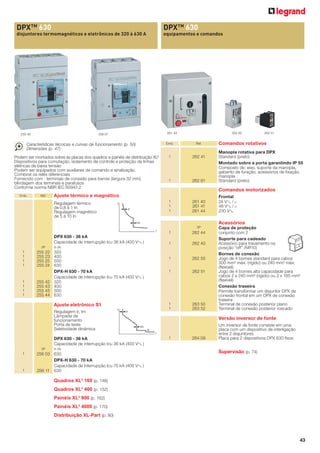 DPX TM 630

DPX TM 630

disjuntores termomagnéticos e eletrônicos de 320 à 630 A

equipamentos e comandos

255 40

261 44

256 07

Emb.

Características técnicas e curvas de funcionamento (p. 50)
Dimensões (p. 47)
Podem ser montados sobre as placas dos quadros e painéis de distribuição XL³
Dispositivos para comutação, isolamento de controle e proteção de linhas
elétricas de baixa tensão
Podem ser equipados com auxiliares de comando e sinalização.
Combine os relés diferenciais
Fornecido com : terminais de conexão para barras (largura 32 mm)
blindagem dos terminais e parafusos
Conforme norma NBR IEC 60947-2
Emb.

Ref.

262 50
Ref.

1

262 41

1

262 81

1
1
1

t
Ir

261 40
261 41
261 44

3P
I

1
1
1
1

255 22
255 23
255 25
255 24

255 42
255 43
255 45
255 44

t

262 50

1

262 51

1
1

263 50
263 52

Ir

Frontal
24 V± / =
48 V± / =
230 V±

Capa de proteção
conjunto com 2
Suporte para cadeado
Acessório para travamento na
posição “off” (NR10)
Bornes de conexão
Jogo de 4 bornes standard para cabos
300 mm² máx. (rigido) ou 240 mm² máx.
(ﬂexível)
Jogo de 4 bornes alta capacidade para
cabos 2 x 240 mm² (rigido) ou 2 x 185 mm²
(ﬂexível)
Conexão traseira
Permite transformar um disjuntor DPX de
conexão frontal em um DPX de conexão
traseira
Terminal de conexão posterior plano
Terminal de conexão posterior roscado

Versão inversor de fonte
Im

DPX 630 - 36 kA
Capacidade de interrupção Icu 36 kA (400 V± )

1

262 40

1

320
400
500
630
DPX-H 630 - 70 kA
Capacidade de interrupção Icu 70 kA (400 V± )
320
400
500
630

Regulagem Ir, Im
Lâmpada de
funcionamento
Porta de teste
Seletividade dinâmica

3P

262 44

In (A)

Ajuste eletrônico S1

1

1
1

DPX 630 - 36 kA
Capacidade de interrupção Icu 36 kA (400 V± )
1
1
1
1

Manopla rotativa para DPX
Standard (preto)
Montado sobre a porta garantindo IP 55
Composto de: eixo, suporte da manopla,
gabarito de furação, acessórios de ﬁxação,
manopla
Standard (preto)

Acessórios

Im

3P

Comandos rotativos

Comandos motorizados

Ajuste térmico e magnético
Regulágem térmico
de 0,8 à 1 In
Regulagem magnético
de 5 à 10 In

262 51

In (A)

256 03 630
DPX-H 630 - 70 kA
Capacidade de interrupção Icu 70 kA (400 V± )
256 11 630

If

I

1

264 09

Um inversor de fonte consiste em uma
placa com um dispositivo de interligação
entre 2 disjuntores
Placa para 2 dispositivos DPX 630 ﬁxos

Supervisão (p. 74)

Quadros XL3 160 (p. 148)
Quadros XL3 400 (p. 152)
Painéis XL3 800 (p. 162)
Painéis XL3 4000 (p. 170)
Distribuição XL-Part (p. 80)

43

 