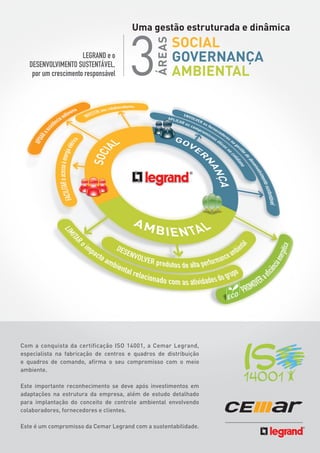 Com a conquista da certificação ISO 14001, a Cemar Legrand,
especialista na fabricação de centros e quadros de distribuição
e quadros de comando, afirma o seu compromisso com o meio
ambiente.
Este importante reconhecimento se deve após investimentos em
adaptações na estrutura da empresa, além de estudo detalhado
para implantação do conceito de controle ambiental envolvendo
colaboradores, fornecedores e clientes.
Este é um compromisso da Cemar Legrand com a sustentabilidade.

 