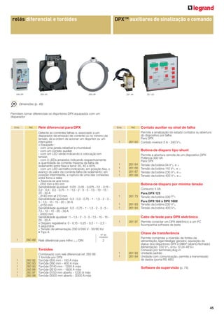 DPXTM auxiliares de sinalização e comando

relés diferencial e toróides

260 88

260 93

260 98

261 84

261 93

Dimensões (p. 49)
Permitem tornar diferenciais os disjuntores DPX equipados com um
disparador

Emb.

Ref.

Relé diferencial para DPX

Emb.

Detecta as correntes falhas e, associado a um
disparador de emissão de corrente ou no mínimo de
tensão, dá a ordem de acionar um disjuntor ou um
interruptor.
• Equipado :
- com uma janela rebatível e chumbável
- com um contato auxiliar
- com um LED verde indicando a colocação em
tensão
- com 3 LEDs amarelos indicando respectivamente
a quantidade da corrente máxima da falha de
isolamento entre fase e terra: 20, 40 e 60%
- com um LED vermelho indicando, em posição ﬁxa, o
avanço do valor da corrente falha de isolamento; em
posição intermitente, a ruptura de uma das conexões
entre toros e relés
• Associa-se aos toros:
- Ø35 mm e 80 mm
Sensibilidade ajustável : 0,03 - 0,05 - 0,075 - 0,1 - 0,15 0,2 - 0,3 - 0,5 - 0,75 - 1 - 1,5 - 2 - 3 - 5 - 7,5 - 10 - 15 20 - 30 A
- Ø140 mm et 210 mm
Sensibilidade ajustável : 0,3 - 0,5 - 0,75 - 1 - 1,5 - 2 - 3 5 - 7,5 - 10 - 15 - 20 - 30 A
- Ø150 mm
Sensibilidade ajustável : 0,5 - 0,75 - 1 - 1,5 - 2 - 3 - 5 7,5 - 10 - 15 - 20 - 30 A
- Ø300 mm
Sensibilidade ajustável : 1 - 1,5 - 2 - 3 - 5 - 7,5 - 10 - 15 20 - 30 A
• Disparo regulável a: 0 - 0,15 - 0,25 - 0,5 - 1 - 2,5 5 segundos
• Tensão de alimentação 230 V/240 V - 50/60 Hz
• Tipo A

1

260 88 Relé diferêncial para trilho 4 DIN

1
1
1
1

1
1
1
1
1
1

260 92
260 93
260 95
260 96
260 97
260 98

Permite a sinalização do estado contatos ou abertura
do dispositivo por falha
Para DPX
261 60 Contato inversor 3 A - 240 V±

261 64
261 66
261 67
261 68

Permite a abertura remota de um dispositivo DPX
Potência 300 VA
Para DPX
Tensão da bobina 24 V± e =
Tensão da bobina 110 V± e =
Tensão da bobina 230 V± e =
Tensão da bobina 400 V± e =

Bobina de disparo por mínima tensão

1
1
1

Consumo 5 VA
Para DPX 125
261 73 Tensão da bobina 230 V±
Para DPX 160 à DPX 1600
261 83 Tensão da bobina 230 V±
261 84 Tensão da bobina 400 V±

Cabo de teste para DPX eletrônico
1

261 97 Permite conectar um DPX eletrônico a um PC
Acompanha software de teste

Chave de transferência

2

Toróides
Combinado com relé diferencial ref. 260 88
1 torróde por DPX
Torróde Ø35 mm - 150 A máx
Torróde Ø80 mm - 400 A máx
Torróde Ø140 mm - 1200 A máx
Torróde Ø210 mm - 1800 A máx
Torróde Ø150 mm aberto - 1200 A máx
Torróde Ø300 mm aberto - 2000 A máx

Contato auxiliar ou sinal de falha

Bobina de disparo tipo shunt

Nº de
módulos

1

Ref.

1
1

Permite comandar a inversão de fontes de
alimentação, ligar/desligar gerador, aquisição do
status dos disjuntores DPX e DMX³ (aberto/fechado)
Alimentação: 230 V± e/ou 12-24-48 V=
Conexão por terminais plug-in
261 93 Unidade padrão
261 94 Unidade com comunicação, permite a transmissão
de dados (porta RS 485)

Software de supervisão (p. 74)

45

 