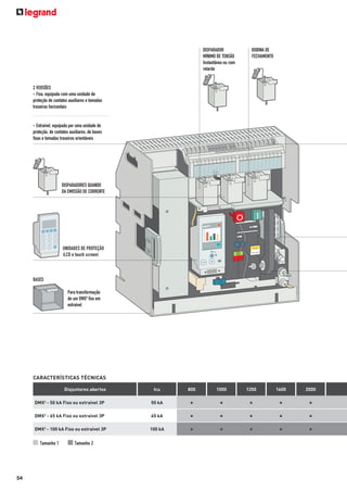 DISPARADOR
MÍNIMO DE TENSÃO
Instantânea ou com
retardo

BOBINA DE
FECHAMENTO

2 VERSÕES
- Fixa, equipada com uma unidade de
proteção de contatos auxiliares e tomadas
traseiras horizontais

- Extraível, equipada por uma unidade de
proteção, de contatos auxiliares, de bases
fixas e tomadas traseiras orientáveis

DISPARADORES QUANDO
DA EMISSÃO DE CORRENTE

UNIDADES DE PROTEÇÃO
(LCD e touch screen)

charged
discharged

BASES
Para transformação
de um DMX3 fixo em
extraível

CARACTERÍSTICAS TÉCNICAS
Disjuntores abertos

Icu

800

1000

1250

1600

2000

DMX3 - 50 kA Fixo ou extraível 3P

50 kA

•

•

•

•

•

DMX3 - 65 kA Fixo ou extraível 3P

65 kA

•

•

•

•

•

DMX3 - 100 kA Fixo ou extraível 3P

100 kA

•

•

•

•

•

Tamanho 1

54

Tamanho 2

 