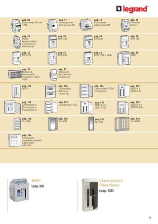 pág. 08
Disjuntores DX até
125A

pág. 11
Interruptores
diferenciais DX

pág. 11
Disjuntores
diferenciais DX

pág. 16
Disjuntor
Motor

pág. 23
Relés
temporizados
e minuterias
eletrônicas

pág. 30
DRX 100

pág. 33
DRX 250

pág. 40
DPX 125

pág. 42
DPX 250

pág. 43
DPX 630

pág. 44
DPX 1250 e 1600

pág. 58
DMX3

pág. 95
Blocos de
distribuição
modulares 100 a
400A

pág. 97
Blocos de
distribuição
modulares

pág. 102
QDEP

pág. 104
Cemarplast
Bolt-on e
Universal

pág. 106
Cemarplast II DIN
e Universal

pág. 109
QDETN e
QDETN-U

pág. 125
Cemarplast II
Plast nema e
Plast nema-U

pág. 127
Cemarmulti - IEC

pág. 128
QDETG-X e
QDETG-UX

pág. 135
QDETG II e
QDETG-U II

pág. 148
XL3-160

pág. 152
XL3-400

pág. 162
XL3-800

pág. 170
XL3-4000

pág. 186
caixas para
medidores padrão
CEEE-RGEAES-SUL

DMX3
(pág. 58)

Cemarplast II
Plast Nema
(pág. 125)

5

 