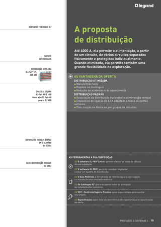 MONTANTES FUNCIONAIS XL3

SUPORTE
INTERMEDIÁRIO

DISTRIBUIÇÃO DE FILEIRA
XL-Part* 125,
250, 400

CHASSI DE COLUNA
XL-Part 800 E 1600
(fundo ativo XL Part 400
para os XL3 400)

A proposta
de distribuição
Até 4000 A, ela permite a alimentação, a partir
de um circuito, de vários circuitos separados
fisicamente e protegidos individualmente.
Quando otimizada, ela permite também uma
grande flexibilidade de exploração.
AS VANTAGENS DA OFERTA
DISTRIBUIÇÃO OTIMIZADA
Manutenção fácil
Rapidez na montagem
Redução de acidentes e do aquecimento
DISTRIBUIÇÃO PADRÃO
Associação da distribuição horizontal e alimentação vertical
Dispositivo de ligação de 63 A adaptado a todos os pentes
verticais
Distribuição na fileira ou por grupos de circuitos

SUPORTES DE JOGOS DE BARRAS
EM C ALUMÍNIO
Até 3200 A

AS FERRAMENTAS A SUA DISPOSIÇÃO
BLOCO DISTRIBUIÇÃO MODULAR
Até 400 A

/// O software XL PRO2 Calcul: permite efetuar as notas de cálculo
de sua instalação
/// O software XL PRO2: permite conceber, implantar
e orçar um quadro de distribuição
/// O Guia Potência: a ferramenta de referência para a concepção
e o estudo de uma instalação elétrica
/// Os Catálogos XL3: para recuperar todos os princípios
de instalação dos invólucros
/// CST - Centro de Suporte Técnico: canal especializado para auxiliar
seu projeto
/// Especificação: apoio total aos escritórios de engenharia para especificação
da oferta

PRODUTOS E SISTEMAS I

79

 