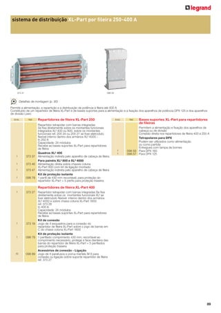 sistema de distribuição XL-Part por ﬁleira 250-400 A

373 37

098 59

Detalhes de montagem (p. 90)
Permite a alimentação, a repartição e a distribuição de potência à ﬁleira até 400 A
Constituído de um repartidor de ﬁleira XL-Part e de bases suportes para a alimentação e a ﬁxação dos aparelhos de potência DPX 125 e dos aparelhos
de divisão Lexic
Emb.

Réf.

Repartidores de ﬁleira XL-Part 250
Repartidor tetrapolar com barras integradas
Se ﬁxa diretamente sobre os montantes funcionais
integrados XL³ 400 ou 800, sobre os montantes
funcionais ref. 205 24 ou 205 27 se tiver eletroduto
ﬂexível interno dentro dos armários XL³ 4000 In 250 A
Capacidade: 24 módulos
Recebe as bases suportes XL-Part para repartidores
de ﬁleira
Quadros XL³ 400
Alimentação indireta pelo aparelho de cabeça de ﬁleira
Para painéis XL³ 800 e XL³ 4000
Alimentação direta sobre chassis coluna
XL-Part 800 com kit de ligação montado
Alimentação indireta pelo aparelho de cabeça de ﬁleira
Kit de proteção isolante
1 perﬁl de 430 mm recortável, para proteção do
repartidor XL-Part + 5 perﬁs para proteção traseira

1

373 37

1

373 46

1

373 47

1

098 79

1

Emb.

1
1

Réf.

Bases suportes XL-Part para repartidores
de ﬁleiras

Permitem a alimentação e ﬁxação dos aparelhos de
cabeça ou de divisão
Conexão direta nos repartidores de ﬁleira 400 e 250 A
Tetrapolares para DPX
Podem ser utilizados como alimentação
ou como partida
Entregues com tampa de bornes
098 59 Para DPX 160
098 57 Para DPX 125

373 27 Repartidor tetrapolar com barras integradas Se ﬁxa
diretamente sobre os montantes funcionais XL³ se
tiver eletroduto ﬂexível interno dentro dos armários
XL³ 4000 e sobre chassi coluna XL-Part 1600
ref. 373 28
In 400 A
Capacidade: 24 módulos
Recebe as bases suportes XL-Part para repartidores
de ﬁleira
Kit de conexão
373 19 Jogo de 4 esquadros para a conexão do
repartidor de ﬁleira XL-Part sobre o jogo de barras em
C do chassi coluna XL-Part 1600
Kit de proteção isolante
098 79 1 perﬁlado comprimento 430 mm, recortável ao
comprimento necessário, protege a face dianteira das
barras do repartidor de ﬁleira XL-Part + 5 perﬁlados
para proteção traseira
Acessórios de conexão - Ligação
098 89 Jogo de 4 parafusos e porca martelo M 8 para
conexão ou ligação sobre suporte repartidor de ﬁleira
ref. 373 27

Repartidores de ﬁleira XL-Part 400

1

1

10

89

 