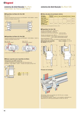 sistema de distribuição XL-Part
repartidor de ﬁleira 400-250 A

sistema de distribuição XL-Part 125

■ Repartidor de fileira XL-Part 400

■ Altura de placa de proteção mínima

Ref. 373 27
Tensão de isolamento de acordo com EN 60947-1/IEC 60664-1: 690 V
Tensão de impulso (Uimp): 8 kV

Montagem
do repartidor

Disjuntores
modulares

DPX 125

DPX 160 DPX 250 ER DPX 250

DPX 630

200 mm

300 mm

Sobre chassi
coluna ref. 373 40
Sobre chassi
coluna ref. 373 28

578
392

Sobre repartidor
de ﬁleira
ref. 373 27/36/37

200 mm(1)
200 mm

200 mm

300 mm

300 mm

300 mm

400 mm

400 mm(2)

195

(1) 300 mm em versão desengtável (2) limitado a 400 A

■ Repartidor XL-Part 125
maxi 4

■ Repartidor de fileira XL-Part 250
Tensão de isolamento de acordo com EN 60947-1/IEC 60664-1: 690 V±
Tensão de impulso (Uimp): 8 kV
Ref. 373 37
Alimentação indireta(1)

86

86

Ref. 373 36
Alimentação direta(1)

Tensão de trabalho (Ue) : 230/400 V±
Frequência de trabalho : 50/60 Hz
Corrente de curto-circuito admissível: 6 kA com DX
25 kA com DX-H
Tensão de isolamento (Ui) : 690 V±
Corrente de trabalho: 125 A máximo (alimentação central)
80 A máximo (alimentação lateral)
Grau de proteção: IP 20
Seção máxima de conexão do módulo de alimentação: 35 mm2
Alimentação pelo aparelho
Com o módulo ref. 045 05
de cabeça ref. 045 10

83

■ Bases suportes para repartidor de fileira
Tetrapolares para DPX versão fixa
Tensão de isolamento das bases para DPX de acordo com
EN 60947-1/IEC 60664-1: 690 V - Tensão de impulso (Uimp): 8 kV

51

51

A
86

86

B

Princípio de montagem

22

Ref.
098 57
098 59

A
100
120

B
168
186

Alimentação direta do repartidor ref. 045 03 com o módulo
de alimentação ref. 045 05
Os módulos de conexão "Plug-in" e a fio recebem e alimentam os
disjuntores DX e DNX que são fixados no trilho ref. 202 00

90

200

83

200

(1) Este princípio de alimentação é idêntico ao repartidor XL-Part 400

 