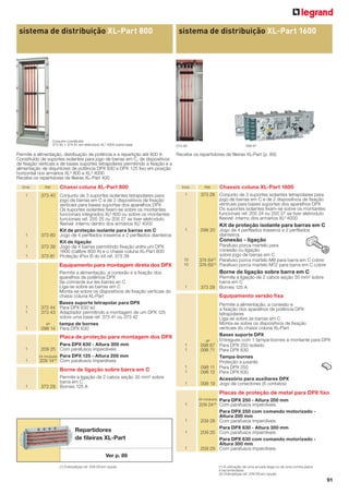 sistema de distribuição XL-Part 800

Conjunto constituído
373 40 + 374 61 em eletroduto XL3 4000 sobre base

sistema de distribuição XL-Part 1600

098 67

373 28

Permite a alimentação, distribuição de potência e a repartição até 800 A
Recebe os repartidores de ﬁleiras XL-Part (p. 89)
Constituído de suportes isolantes para jogo de barras em C, de dispositivos
de ﬁxação verticais e de bases suportes tetrapolares permitindo a ﬁxação e a
alimentação de disjuntores de potência DPX 630 e DPX 125 ﬁxo em posição
horizontal nos armários XL³ 800 e XL³ 4000
Recebe os repartidores de ﬁleiras XL-Part 400
Emb.

1

1
1
1

Réf.

Chassi coluna XL-Part 800

Emb.

373 40 Conjunto de 3 suportes isolantes tetrapolares para
jogo de barras em C e de 2 dispositivos de ﬁxação
verticais para bases suportes dos aparelhos DPX
Os suportes isolantes ﬁxam-se sobre os montantes
funcionais integrados XL³ 800 ou sobre os montantes
funcionais ref. 205 25 ou 205 27 se tiver eletroduto
ﬂexível interno dentro dos armários XL³ 4000
Kit de proteção isolante para barras em C
373 80 Jogo de 4 perﬁlados traseiros e 2 perﬁlados dianteiros
Kit de ligação
373 39 Jogo de 4 barras permitindo ﬁxação entre um DPX
1600 (calibre 800 A) e o chassi coluna XL-Part 800
373 81 Proteção IPxx B do kit ref. 373 39

Equipamento para montagem direta dos DPX

1
1

1

Permite a alimentação, a conexão e a ﬁxação dos
aparelhos de potência DPX
Se connecte sur les barres en C
Liga-se sobre as barras em C
Monta-se sobre os dispositivos de ﬁxação verticais do
chassi coluna XL-Part
Bases suporte tetrapolar para DPX
373 44 Para DPX 630 só
373 43 Adaptador permitindo a montagem de um DPX 125
sobre uma base ref. 373 41 ou 373 42
4P
tampa de bornes
098 14 Para DPX 630

Réf.

373 28 Conjunto de 3 suportes isolantes tetrapolares para
jogo de barras em C e de 2 dispositivos de ﬁxação
verticais para bases suportes dos aparelhos DPX
Os suportes isolantes ﬁxam-se sobre os montantes
funcionais ref. 205 24 ou 205 27 se tiver eletroduto
ﬂexível interno dos armários XL³ 4000

1

098 20 Jogo de 4 perﬁlados traseiros e 2 perﬁlados
dianteiros

Kit de proteção isolante para barras em C
Conexão - ligação

10
10

374 64 (1)
374 65 (1)

1
1

1

Permite a ligação de 2 cabos seção 35 mm2 sobre
barra em C
373 29 Bornes 125 A

Equipamento versão ﬁxa

3P

1
1

Borne de ligação sobre barra em C

098 67
098 71

1
1

098 11
098 12

1

098 19

2

1

Permite a ligação de 2 cabos seção 35 mm sobre
barra em C
373 29 Bornes 125 A

Parafuso porca martelo para
conexão ou ligação
sobre jogo de barras em C
Parafuso porca martelo M8 para barra em C cobre
Parafuso porca martelo M12 para barra em C cobre

Borne de ligação sobre barra em C

Placa de proteção para montagem dos DPX
Para DPX 630 - Altura 300 mm
209 25 Com parafusos imperdíveis
24 modules Para DPX 125 - Altura 200 mm
209 14 (1) Com parafusos imperdíveis

Chassis coluna XL-Part 1600

1

Permite a alimentação, a conexão e
a ﬁxação dos aparelhos de potência DPX
tetrapolares
Liga-se sobre as barras em C
Monta-se sobre os dispositivos de ﬁxação
verticais do chassi coluna XL-Part
Bases suporte DPX
Entregues com 1 tampa-bornes a montante para DPX
Para DPX 250 isolado
Para DPX 630
Tampa-bornes
Proteção a jusante
Para DPX 250
Para DPX 630
Acessório para auxiliares DPX
Jogo de conectores (6 contatos)

Placas de proteção de metal para DPX ﬁxo
24 módulos

1

1

Repartidores
de ﬁleiras XL-Part

1

1

Para DPX 250 - Altura 200 mm
209 24 (2) Com parafusos imperdíveis
Para DPX 250 com comando motorizado Altura 200 mm
209 28 Com parafusos imperdíveis
Para DPX 630 - Altura 300 mm
209 25 Com parafusos imperdíveis
Para DPX 630 com comando motorizado Altura 300 mm
209 29 Com parafusos imperdíveis

Ver p. 89
(1) Dobradiças ref. 209 59 em opção

(1) A utilização de uma arruela larga ou de uma contra placa
é recomendada
(2) Dobradiças ref. 209 59 em opção

91

 
