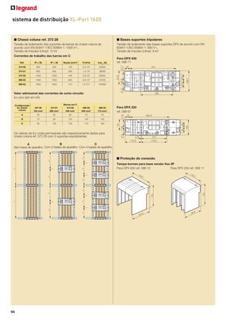 sistema de distribuição XL-Part 1600

■ Chassi coluna ref. 373 28

■ Bases suportes tripolares

Tensão de isolamento dos suportes de barras do chassi coluna de
acordo com EN 60947-1/IEC 60664-1: 1000 VA
Tensão de impulso (Uimp): 12 kV

Tensão de isolamento das bases suportes DPX de acordo com EN
60947-1/IEC 60664-1: 690 VA
Tensão de impulso (Uimp): 8 kV

Correntes de trabalho das barras em C

500

400

155

0,5 109

22000

374 61

800

630

265

1,4 109

38000

374 62

1250

1000

440

3,9 109

63000

098 82

1450

1250

640

8,3 109

91000

098 83

1900

1600

710

1,0 1010

100000

Valor admissível das correntes de curto-circuito
Icc pico (Ipk em kÂ)

374 61
265 mm2

Barras em C
374 62
440 mm2

098 82
640 mm2

098 83
710 mm2

60

70

75

90

120

140

150

C

90

120

150

170

180

37

262,5

Os valores de Icc crista permissíveis são respectivamente dados para
chassi coluna ref. 373 28 com 3 suportes equidistantes.

17,5

35

50

70

17,5

40

Para DPX 250
ref. 098 67

70

A
B

220

35

347 60
155 mm2

312

35

Conﬁguração
do chassi
coluna

37

139,7

374 60

Para DPX 630
ref. 098 71

43,5 43,5

Icw1s (A)

1,75

105

I2t (A2s)

21,7

Seção (mm2)

91,6

IP > 30

43,5

IP ≤ 30

21,7

Ref.

170

110,3

173,5

■ Proteção do conexão
Tampa-bornes para base versão fixa 3P
Para DPX 630 ref. 098 12
Para DPX 250 ref. 098 11
10

13

4,7

9,7

=

105

=

=

=

105

=

=

=

=

=

=

=

=

B
C
A
Sem base de aparelho Com 2 bases de aparelho Com 4 bases de aparelho

94

,6
101

8

84,

 