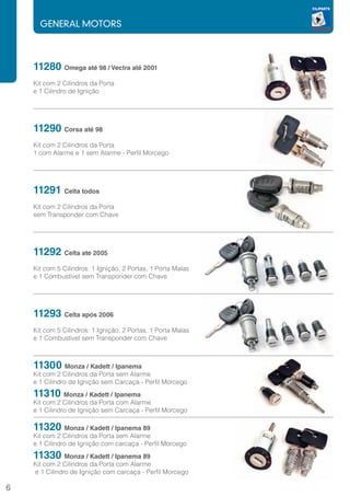 GENERAL MOTORS



    11280 Omega até 98 / Vectra até 2001
    Kit com 2 Cilindros da Porta
    e 1 Cilindro de Ignição




    11290 Corsa até 98
    Kit com 2 Cilindros da Porta
    1 com Alarme e 1 sem Alarme - Perfil Morcego




    11291 Celta todos
    Kit com 2 Cilindros da Porta
    sem Transponder com Chave




    11292 Celta ate 2005
    Kit com 5 Cilindros: 1 Ignição, 2 Portas, 1 Porta Malas
    e 1 Combustivel sem Transponder com Chave




    11293 Celta após 2006
    Kit com 5 Cilindros: 1 Ignição, 2 Portas, 1 Porta Malas
    e 1 Combustivel sem Transponder com Chave



    11300       Monza / Kadett / Ipanema
    Kit com 2 Cilindros da Porta sem Alarme
    e 1 Cilindro de Ignição sem Carcaça - Perfil Morcego
    11310 Monza / Kadett / Ipanema
    Kit com 2 Cilindros da Porta com Alarme
    e 1 Cilindro de Ignição sem Carcaça - Perfil Morcego

    11320 Monza / Kadett / Ipanema 89
    Kit com 2 Cilindros da Porta sem Alarme
    e 1 Cilindro de Ignição com carcaça - Perfil Morcego
    11330 Monza / Kadett / Ipanema 89
    Kit com 2 Cilindros da Porta com Alarme
    e 1 Cilindro de Ignição com carcaça - Perfil Morcego

6
 