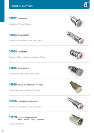 GENERAL MOTORS




    16982 Celta todos
    Cilindro da Porta sem Chave




    16983 Celta até 2005
    Cilindro do Fecho Porta Malas sem Chave




    16984 Celta todos
    Cilindro da Tampa do Combustivel sem Chave




    16985 Corsa após 98
    Cilindro Porta sem Chave - Perfil Valeo




    16990 Omega até 98 / Vectra até 2005
    Cilindro Porta sem Chave sem Segredo




    16986 Celta / Prisma após 2006
    Cilindro do Fecho Porta Malas sem Chave




    17700 Corsa / Omega / Monza
    	          Astra / Meriva / Zafira / Montana

    Carcaça da Ignição



8
 