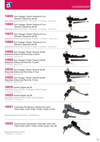 VOLKSWAGEN


15850	    Gol / Voyage / Parati / Saveiro 87 e.d
	         Santana / Quantum até 90
Maçaneta Externa da Porta - Friso Inox : Nº ORIGINAL : 305.837.206.7
15860	    Gol / Voyage / Parati / Saveiro 87 e.d
	         Santana / Quantum até 90
Maçaneta Externa da Porta - Friso Inox : Nº ORIGINAL : 305.837.206.8

15870	    Gol / Voyage / Parati / Saveiro 87 e.d
	         Santana / Quantum até 90
Maçaneta Externa da Porta Esq. F. preto : Nº ORIGINAL : 305.837.205.5
15880    Gol / Voyage / Paraty / Saveiro 87 e.d
	         Santana / Quantum até 90
Maçaneta Externa da Porta Dir. F. preto : Nº ORIGINAL : 305.837.206.6

15890    Gol / Voyage / Parati / Saveiro até 86
Maçaneta Externa da Porta Esq. F. preto
Nº ORIGINAL : 305.837.205.4

15900 Gol / Voyage / Parati / Saveiro até 86
Maçaneta Externa da Porta Dir. F. preto
Nº ORIGINAL : 305.837.206.5



15910    Gol / Voyage / Parati / Saveiro até 86
Maçaneta Externa da Porta Esq. F. inox
Nº ORIGINAL : 305.837.205.3

15920    Gol / Voyage / Parati / Saveiro até 86
Maçaneta Externa da Porta Dir. F. inox
Nº ORIGINAL : 305.837.206.4



16010    Kombi Clipper até 96
Maçaneta Externa Porta - Cromada - Perfil Original
Nº ORIGINAL : 211.837.205.1

16020    Kombi Clipper até 96
Maçaneta Externa Porta - Preta - Perfil Original
Nº ORIGINAL : 211.837.205.2




16021	 Caminhão VW Delivery / Worker 96 a 2012
	             5140 / 8150 / 9150 / 8120 / 13180 / 17220 / 31160


Maçaneta Externa da Porta - Perfil Maxion



16022	 Kombi Carat / Caminhões / VW 6.80 / 6.90 / 7.90 /
	             7100 / 8120 / 8140 / 11160 / 13130 / 22140 - 82 a 95


Maçaneta Externa Porta
Nº ORIGINAL : 211.837.205.2



                                                                                     13
 