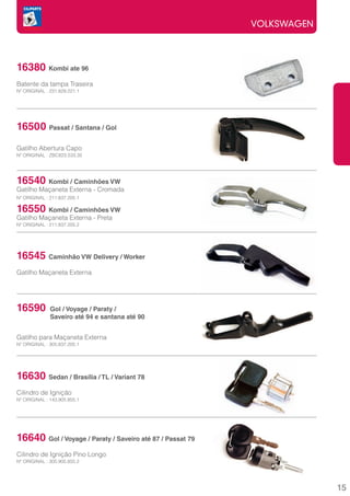 VOLKSWAGEN



16380 Kombi ate 96
	
Batente da tampa Traseira
Nº ORIGINAL : 231.829.221.1




16500 Passat / Santana / Gol
Gatilho Abertura Capo
Nº ORIGINAL : ZBC823.533.35




16540 Kombi / Caminhões VW
Gatilho Maçaneta Externa - Cromada
Nº ORIGINAL : 211.837.205.1

16550 Kombi / Caminhões VW
Gatilho Maçaneta Externa - Preta
Nº ORIGINAL : 211.837.205.2




16545 Caminhão VW Delivery / Worker
Gatilho Maçaneta Externa




16590	 Gol / Voyage / Paraty /
	             Saveiro até 94 e santana até 90


Gatilho para Maçaneta Externa
Nº ORIGINAL : 305.837.205.1




16630 Sedan / Brasília / TL / Variant 78
Cilindro de Ignição
Nº ORIGINAL : 143.905.855.1




16640      Gol / Voyage / Paraty / Saveiro até 87 / Passat 79	
	
Cilindro de Ignição Pino Longo
Nº ORIGINAL : 305.905.855.2




                                                                              15
 