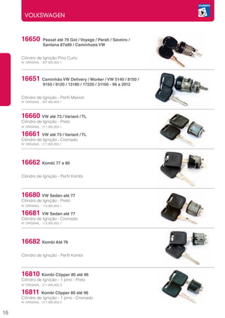 VOLKSWAGEN



     16650	 Passat até 79 Gol / Voyage / Parati / Saveiro /
     	             Santana 87a89 / Caminhoes VW


     Cilindro de Ignição Pino Curto
     Nº ORIGINAL : 307.905.855.1




     16651 Caminhão VW Delivery / Worker / VW 5140 / 8150 / 	
     	             9150 / 8120 / 13180 / 17220 / 31160 - 96 a 2012


     Cilindro de Ignição - Perfil Maxion
     Nº ORIGINAL : 307.905.855.1



     16660      VW até 73 / Variant / TL
     Cilindro de Ignição - Preto
     Nº ORIGINAL : 211.905.855.1

     16661      VW até 73 / Variant / TL
     Cilindro de Ignição - Cromado
     Nº ORIGINAL : 211.905.855.1




     16662 Kombi 77 a 80
     Cilindro de Ignição - Perfil Kombi



     16680      VW Sedan até 77
     Cilindro de Ignição - Preto
     Nº ORIGINAL : 113.905.855.1

     16681      VW Sedan até 77
     Cilindro de Ignição - Cromado
     Nº ORIGINAL : 113.905.855.1




     16682 Kombi Até 76
     Cilindro de Ignição - Perfil Kombi



     16810 Kombi Clipper 80 até 96
     Cilindro de Ignição - 1 pino - Preto
     Nº ORIGINAL : 211.905.855.3

     16811 Kombi Clipper 80 até 96
     Cilindro de Ignição - 1 pino - Cromado
     Nº ORIGINAL : 211.905.855.3


16
 