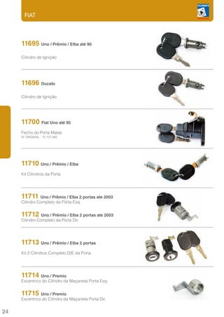 FIAT




     11695 Uno / Prêmio / Elba até 90
     Cilindro de Ignição




     11696 Ducato
     Cilindro de Ignição




     11700 Fiat Uno até 95
     Fecho do Porta Malas
     Nº ORIGINAL : 75.107.560




     11710 Uno / Prêmio / Elba
     Kit Cilindros da Porta




     11711 Uno / Prêmio / Elba 2 portas ate 2003
     Cilindro Completo da Porta Esq.


     11712 Uno / Prêmio / Elba 2 portas ate 2003
     Cilindro Completo da Porta Dir.




     11713 Uno / Prêmio / Elba 2 portas
     Kit 2 Cilindros Completo D/E da Porta




     11714 Uno / Premio
     Excentrico do Cilindro da Maçaneta Porta Esq.


     11715 Uno / Premio
     Excentrico do Cilindro da Maçaneta Porta Dir.


24
 
