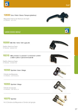 FIAT



    12830 Uno / Palio / Siena / Tempra (plástico)
    Maçaneta Interna de Abertura do Capô
    Nº ORIGINAL : 50.017.651




      MERCEDES BENZ




10200 MB 709 / 1618 / 1941 após 90	
Gatilho Abertura Capo
Nº ORIGINAL : 688.880.70.20




10210	 MB L1113-6-7 / L1313-6-7 / L1513-6-9 / L1819 /
	               L1929 / L2013 / L2213-5-6-9 até 89

Gatilho Abertura Capo
Nº ORIGINAL : 344.880.70.20




    10350 Sprinter / Axor / Atego
    Cilindro da Maçaneta
    Nº ORIGINAL : A.670.760.02.05




    10355 Sprinter / Atego
    Cilindro de Ignição
    Nº ORIGINAL : A.901.462.01.79




    10370 Sprinter
    Kit 2 Cilindros da Maçaneta e Cilindro de Ignição



                                                               27
 