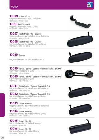 FORD


     10009     F-1000 93 e.d
     Maçaneta Interna da Porta - Esquerda
     Nº ORIGINAL : TNK837.019.05

     10010 F-1000 93 e.d
     Maçaneta Interna da Porta - Direita
     Nº ORIGINAL : TNK837.020.05



     10027 Fiesta Street / Ka / Courier
     Maçaneta Externa da Porta Dianteira - Esquerda
     Nº ORIGINAL : 96.FG-A22.400.AC

     10028 Fiesta Street / Ka / Courier
     Maçaneta Externa da Porta Dianteira - Direita
     Nº ORIGINAL : 96.FG-A22.401.AC




     10029 Courier
     Maçaneta Externa da Tampa da Caçamba




     10030 Corcel / Belina / Del Rey / Pampa / Cami. - ZAMAC	
     Manivela Reguladora do Vidro
     Nº ORIGINAL : D2TU-8123342-A

     10040 Corcel / Belina / Del Rey / Pampa / Cami. - ZAMAC
     Manivela Reguladora do Vidro
     Nº ORIGINAL : D2TU-8123342A



     10031 Fiesta Street / Sedan / Escort 97 E.D
     Maçaneta Externa da Porta Traseira - Esquerda
     Nº ORIGINAL : 96.FG-A26601-AD

     10032 Fiesta Street / Sedan / Escort 97 E.D
     Maçaneta Externa da Porta Traseira - Direita
     Nº ORIGINAL : 96.FG-A26600-AD



     10033 Escort após 97
     Maçaneta Externa da porta Dianteira - Esquerda
     Nº ORIGINAL : 96.FG-A26601-AD

     10034 Escort após 97
     Maçaneta Externa da Porta Dianteira - Direita
     Nº ORIGINAL : 96.FG-A26600-AD



     10035 Escort 93 a 96
     Maçaneta Externa da Porta - Esquerda
     Nº ORIGINAL : 547.837.205

     10036 Escort 93 a 96
     Maçaneta Externa da Porta - Direita
     Nº ORIGINAL : 547.837.206


30
 