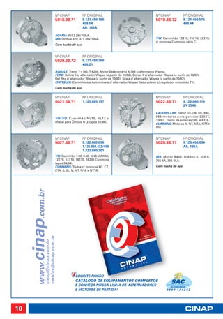 Nº CINAP            Nº ORIGINAL                                           Nº CINAP                Nº ORIGINAL
                                      5018.38.71          9.121.456.169                                         5019.38.72              9.121.450.575
                                                          409.54                                                                        409.44
                                                          Alt. 105A

                                      SCANIA: F112 28V 105A.
                                      MB: Ônibus 370, 371 28V 105A.                                             VW: Caminhão 13210, 15210, 22210,
                                                                                                                c/ motores Cummins série C.
                                      Com bucha de aço.


                                      Nº CINAP            Nº ORIGINAL
                                      5020.38.72          9.121.450.269
                                                          409.21

                                      AGRALE: Trator T-4100, T-4200. Motor Estácionário M790 c/ alternador Wapsa.
                                      FORD: Belina II c/ alternador Wapsa (a partir de 10/82). Corcel II c/ alternador Wapsa (a partir de 10/82).
                                      Del Rey c/ alternador Wapsa (a partir de 10/82). Scala c/ alternador Wapsa (a partir de 10/82).
                                      CHRYSLER: Caminhões e Automóveis c/ alternador Wapsa (lado coletor c/ regulador embutido T1).
                                      Com bucha de aço.


                                      Nº CINAP            Nº ORIGINAL                                           Nº CINAP                Nº ORIGINAL
                                      5021.38.71          1.125.885.157                                         5022.38.71              9.122.080.119
                                                                                                                                        2Y 9546

                                                                                                                CATERPILLAR: Trator D4, D6, D5, 930,
                                                                                                                966 motores para gerador 3304T,
                                      VOLVO: Caminhão NL10, NL12 e
                                                                                                                3306T, Trator de esteiras D8L e 631E.
                                      chassi para Ônibus B12 (após 01/96).
                                                                                                                CUMMINS: Motores N, NT, NTA, NTTA
                                                                                                                855.


                                      Nº CINAP            Nº ORIGINAL                                           Nº CINAP                Nº ORIGINAL
                                      5027.38.71          9.122.080.098                                         5028.38.71              9.120.456.034
                                                          1.125.884.422/458                                                             Alt. 105A
                                                          1.222.080.201
                                      VW: Caminhão 7.00, 8.40, 1240, (MWM),                                     MB: Motor B400, OM355-5, 355-6,
                                      12170, 14170, 16170, 16200 Cummins                                        355-6A, 355-6LA.
                                      (após 04/94).
                                      CUMMINS: Todos c/ motores 6C, CT,                                         Com bucha de aço.
                                      CTA, 8, 3L, N, NT, NTA e NTTA.
     cinap.com.br
                vendas@cinap.com.br
                cinap@cinap.com.br
         www.




                                                    SOLICITE NOSSO
                                                    CATÁLOGO DE EQUIPAMENTOS COMPLETOS
                                                    E CONHEÇA NOSSA LINHA DE ALTERNADORES                               SERVIÇO DE ATENDIMENTO
                                                                                                                            AO COMSUMIDOR

                                                    E MOTORES DE PARTIDA!                                               0 8 00 1 2 4 2 4 3




10
 