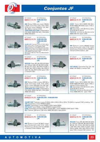 Conjuntos JF

Nº CINAP                   Nº ORIGINAL                               Nº CINAP              Nº ORIGINAL
6001/1.11.71 9.000.083.054                                           6001/2.11.71 9.000.083.053
                           (JF)                                                            (JF)
MB: Ônibus O364 com motor OM352                                      CASE: Trator W18 (MBB-OM 352),
e 352A, Caminhão 1316, 1516, 2016,                                   W20B (MBB-OM 352A) após 11/83 c/
2216 com motor OM352A, 314, 352,                                     mancal C1315.
364, 364A c/ mancal C1316.                                           MB: Caminhão L 610 (M 314-O), 2215,
FORD/NEW HOLLAND: Colheitadeira                                      2216 (M 352-O) álcool.
FNH 8040 (MBB-OM 352), FNH 8255                                      TOYOTA: Utilitários Bandeirante
(MBB-OM 352A).                                                       (MBB-OM 314) (após 11/83).

Nº CINAP                   Nº ORIGINAL                               Nº CINAP              Nº ORIGINAL
6001/3.11.71 9.000.083.036                                           6001/4.11.71 9.000.083.065
                           9.000.083.056                                                   (JF)
                           (JF)
VALMET/CBT: Tratores c/ motor D 225-6, 229-4,
229-6, 225-4, 229-4, TD 229-6 com mancal C1321.                      MB: Ônibus c/ motor M366G chassi
VW: Caminhões com motor MWM-D 229-6.
AGRALE: Caminhões c/ motor MWM D-229-4 (após 09/94).                 para Ônibus OF e OH 1115, 1315,
FIAT-ALLIS: Trator FB80 c/ motor MWM-D-4 (após 01/92).               plataforma e Ônibus O371U OM366 c/
CASE: Escavadeira de Esteira 80CR e rodas 80P c/                     mancal C1316 e bobina - 24V.
motor MWM D-229-6 (após 11/83).
SLC: Tratores 7000 série 7700 turbo (MBB-OM 352A)
após 02/84.


Nº CINAP                   Nº ORIGINAL                               Nº CINAP              Nº ORIGINAL
6001/5.11.71 9.000.083.058                                           6001/9.11.71 9.000.083.043
                           (JF)                                                            (JF)
MAXION: Trator MF 265 (PER-AD 4203)
(de 11/83 até 12/86), MF 290 (PER-A 4248),
MF 86, 275, 275/4, 292 (PER-A 4236) e                                FIAT DIESEL: Caminhão Fiat 120, 140
MF 65r, 65x (PER-A 4203), 85x (PER-A                                 (8360), 80 (8340) c/ mancal 1322.
4248), 50x, 55x (PER-A 3152) (após 11/83)
c/ mancal C1301.


Nº CINAP                   Nº ORIGINAL                               Nº CINAP              Nº ORIGINAL
6101/1.11.71 9.000.083.054                                           6101/2.11.71 9.000.083.053
                           (JF)                                                            (JF)
MB: Ônibus O 364 c/ motor OM 352 e                                   CASE: Trator W18 (MBB-OM 352),
352A, Caminhão 1316, 1516, 2016,                                     W20B (MBB-OM 352A) (após 11/83) c/
2216 c/ motor OM 352A, 314, 352, 364,                                mancal C1315 e bobina 12V.
364A c/ mancal C1316 e bobina - 12V.                                 MB: CaminhãoL 610 (M 314-O), 2215,
FORD NEW HOLLAND: Colheitadeira                                      2216 (M 352-O) álcool.
FNH 8040 (MBB-OM 352), FNH 8255                                      TOYOTA: Utilitários Bandeirante c/
(MBB-OM 352A).                                                       motor MBB OM 314) - após 11/83.


Nº CINAP                   Nº ORIGINAL
6101/3.11.71 9.000.083.036 - 9.000.083.056
                           (JF)
VALMET/CBT: Tratores c/ motor D 225-6, 229-4, 229-6, 225-4, 229-4, TD 229-6 c/ mancal C1321 e bobina -12V.
VW: Caminhões c/ motor MWM-D 229-6.
AGRALE: Caminhões c/ motor MWM D-229-4 (após 09/94).
FIAT-ALLIS: Trator FB 80 c/ motor MWM-D-4 (após 01/92).
CASE: Escavadeira de Esteira 80CR e Rodas 80P c/ motor MWM D-229-6 (após 11/83).
SLC: Tratores 7000 série 7700 turbo (MBB-OM 352A) (após 02/84).


Nº CINAP                   Nº ORIGINAL                               Nº CINAP              Nº ORIGINAL
6101/4.11.71 9.000.083.065                                           6101/5.11.71 9.000.083.058
                           (JF)                                                            (JF)

                                                                     MAXION: Trator MF 265 (PER-AD 4203)
MB: Ônibus c/ motor M 366 G chassi                                   de 11/83 até 12/86, MF 290 (PER-A 4248),
para Ônibus OF e OH 1115, 1315,                                      MF 86, 275, 275/4, 292 (PER-A 4236)
Plataforma e Ônibus O371U OM366                                      e MF 65R, 65X (PER-A 4203), 85X
c/ mancal C1316 e bobina - 24V.                                      (PER-A 4248), 50X, 55X (PER-A 3152)
                                                                     (após 11/83) c/ mancal C1301 e bobina - 12V.




                                                                                                          23
 