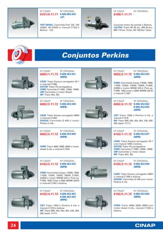 Nº CINAP            Nº ORIGINAL            Nº CINAP            Nº ORIGINAL
     6101/9.11.71 9.000.083.043                 6109/1.11.71 -
                         (JF)


     FIAT DIESEL: Caminhão Fiat 120, 140        Conjunto motor de partida c/ Bobina.
     (8360), 80 (8340) c/ mancal C1322 e        VALTRA: Trator BF 65 3cc, BM 85 4cc,
     Bobina - 12V.                              BM 110 4cc Turbo, BH 160 6cc Turbo.




                          Conjuntos Perkins

     Nº CINAP            Nº ORIGINAL            Nº CINAP            Nº ORIGINAL
     6002/1.11.72 9.000.453.041                 6002/2.11.72 9.000.453.033
                         (MPB)                                      (MPB)
     CASE: Trator Escavo-carregador W-7
                                                FORD: Caminhões Cargo, F4000, 7000,
     c/ mancal C1306.
                                                11000, 12000, 13000, 19000, 21000,
     EATON: Trator Pá-carregadeira.
                                                22000 c/ motor MWM 229-4, Pick-up,
     FORD: Caminhão F11000, 12000, 13000.
                                                F1000, 1000 turbo e 2000 (MWM 229-6)
     GM: Caminhão c/ motor Diesel.
                                                c/ mancal C1307.
     MF: Trator 95x, 95i.

     Nº CINAP            Nº ORIGINAL            Nº CINAP            Nº ORIGINAL
     6002/3.11.72 9.000.453.049                 6002/4.11.72 9.000.453.052
                         (MPB)                                      9.000.453.043
                                                                    (MPB)

     CASE: Trator Escavo-carregador 580H        CBT: Trator 1000 c/ Perkins 4 cils. e
     c/ mancal C1302.                           mancal C1319.
     DODGE: Caminhão D-400 c/ motor             MF: Trator 65R, 50x, 55x, 65x, 235, 250,
     Perkins 4 cils.                            265 (após 11/71).


     Nº CINAP            Nº ORIGINAL            Nº CINAP            Nº ORIGINAL
     6002/5.11.72 9.000.453.050                 6102/1.11.72 9.000.453.041
                         (MPB)                                      (MPB)
                                                CASE: Trator Escavo-carregador W-7
                                                com mancal 1306 e bobina.
     FORD: Trator 4600, 5600, 6600 c/ motor     EATON: Trator Pá-carregadeira.
     diesel 4 cils. e mancal C1320.             FORD: Caminhão F11000, 12000, 13000.
                                                GM: Caminhão c/ motor diesel.
                                                MF: Trator 95x, 95i.


     Nº CINAP            Nº ORIGINAL            Nº CINAP            Nº ORIGINAL
     6102/2.11.72 9.000.453.033                 6102/3.11.72 9.000.453.049
                         (MPB)                                      (MPB)

     FORD: Caminhões Cargo, F4000, 7000,
                                                CASE: Trator Escavo-carregador 580H
     11000, 12000, 13000, 19000, 21000,
                                                c/ mancal C1302 e bobina.
     22000 c/ motor MWM 229-4, Pick-up,
                                                DODGE: Caminhão D-400 com motor
     F1000, 1000 Turbo e 2000 (MWM 229-6)
                                                Perkins 4 cils.
     c/ mancal C1307 e bobina.


     Nº CINAP            Nº ORIGINAL            Nº CINAP            Nº ORIGINAL
     6102/4.11.72 9.000.453.052                 6102/5.11.72 9.000.453.050
                         9.000.453.043                              (MPB)
                         (MPB)

     CBT: Trator 1000 c/ Perkins 4 cils. e      FORD: Trator 4600, 5600, 6600 com
     mancal C1319 e bobina.                     motor diesel 4 cils., mancal C1320 e
     MF: Trator 65R, 50x, 55x, 65x, 235, 250,   bobina.
     265 (após 11/71).




24
 