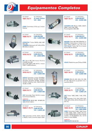 Equipamentos Completos

     Nº CINAP           Nº ORIGINAL           Nº CINAP          Nº ORIGINAL
     7001.10.71         JF (subst. Perkins)   7007.10.71        9.000.084.007
                        12V - 3KW                               24V - 5,5KW (KB)



                                              CATERPILLAR: Motor 3306, 3304T,
     FORD: Caminhão e Pick-up c/ motor
                                              3306T. Trator D4E, D6D.
     Perkins.
                                              Pá-carregadeira 930, 966.



     Nº CINAP           Nº ORIGINAL           Nº CINAP          Nº ORIGINAL
     7008.10.71         9.000.084.008         7012.10.71        9.000.084.012
                        24V - 5,5KW (KB)                        24V - 5,5KW (KB)

                                              MAXION: Trator MF 4780 (SSB-DN 11).
     KOMATSU: Trator D6OA, 60E, 60F
                                              SCANIA: Caminhão c/ motor D11,
     65A, 65E.
                                              DS11, DN11, DSC11, 112, 113, 1115.
     CUMMINS: Motores N, NT, NTA, NTTA,
                                              FIAT ALLIS: Trator AD 14 c/ motor
     855 (88 em diante).
                                              Scania (83 em diante).



     Nº CINAP           Nº ORIGINAL           Nº CINAP          Nº ORIGINAL
     7016.10.72         9.000.453.016         7018.10.71        9.000.084.018
                        12V - 2,9KW (MPB)                       24V - 5,5KW (KB)


     MF: Série MF 283 motor Perkins
     A.4248A (ano 80).                        VOLVO: Plataforma para Ônibus B10M.
     Série MF 5300 e MF 5310 c/ motor
     P4001T (05/99 adiante).



     Nº CINAP           Nº ORIGINAL           Nº CINAP          Nº ORIGINAL
     7019.10.71         9.000.084.019         7021.10.71        9.000.084.021
                        24V - 5,5KW (KB)                        24V - 5,5KW (KB)

     VOLVO: Caminhão c/ motor TD120GA,
     TD121F, TD121G, TD102F, TD102FS,         SCANIA: CM, LK, LKS, 140 e 141, HW,
     TD122FS, TD122FS, TD100A, TD100G,        RT 142, EW motor p/ gerador ind. e
     TD101F, TD101G, N10, 12N110-210,         marítimo DS14.
     10-340, 12-400.


     Nº CINAP           Nº ORIGINAL           Nº CINAP          Nº ORIGINAL
     7024.10.71         9.000.084.024         7029.10.71        0.001.367.029
                        24V - 5.5KW (KB)                        12V - 3,0KW (JF)

     VW: Caminhão Titan 18.310 c/ motor       CBT: Trator 1065, 2080, 1105, 2105,
     Cummins 6 CTAA 8.3.                      8060.
     (SUBSTITUI)                              MB: Caminhão 1113, 1313, 1316, 1513,
     PRESTOLITE: 352.61.395 - M100R-24V.      1516, 2013, 2016, 2216 e Ônibus OF e
     VW: 2TO 911 023 C.                       OH 113.


     Nº CINAP                                 Nº CINAP          Nº ORIGINAL
                        Nº ORIGINAL
     7029/1.10.71                             7033.10.72        9.000.453.033/027
                        9.000.453.029
                                                                12V - 2,9KW (MPB)
                        12V - 5,5KW (JE)
                                              FORD: Caminhão F1000, 1000 Turbo
                                              e 2000, 4000, 7000, 11000, 4/6 cils.
                                              c/ motor MWM 229-6 (01/79 em diante)
     VW: Caminhão 14170, 14210, 16710         12180 e 15180 MWM 6.10t. 14170
     e 16220 c/ motor Cummins (após 12/92).   todos c/ motor MWM.
                                              (SUBSTITUI)
                                              PRESTOLITE: 352.59.750



06
 